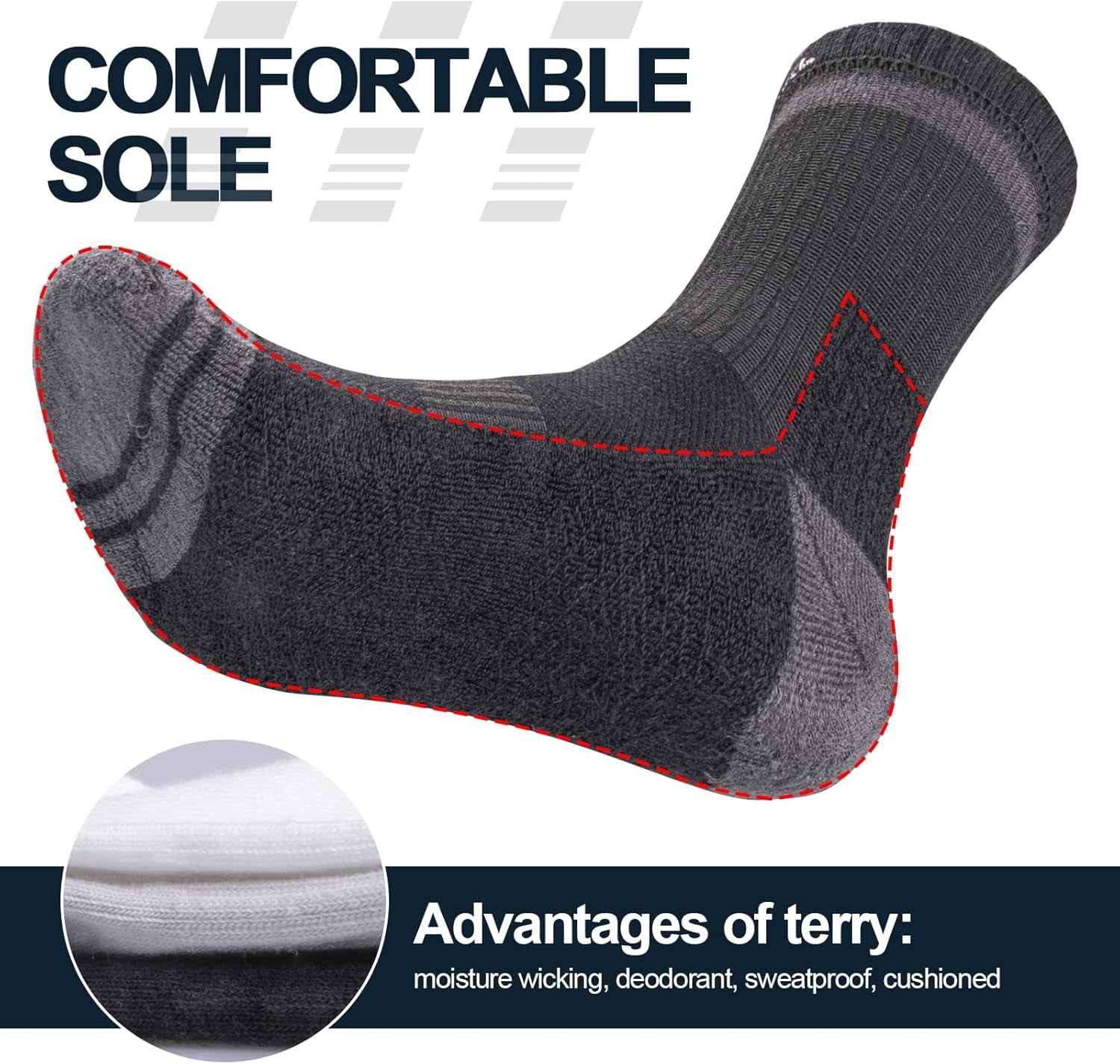 Mens Hiking Walking Socks Moisture Wicking Cushioned Gym Sports Socks Comfort Work Socks Cotton Crew Socks for Men Size 4-8/6-10/9-12, 5 Pairs