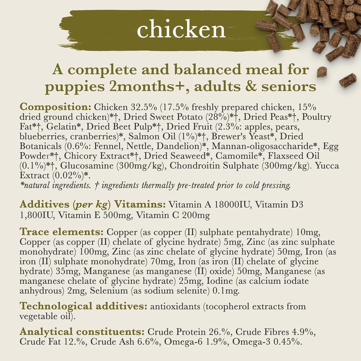 Dry Dog Food, Cold Pressed, (6Kg Resealable Bag) Chicken with Vegetables, Hypoallergenic Dog Food, Grain Free Complete Meal, Natural Puppy, Adult and Senior Dry Dog Food for Good Gut Health