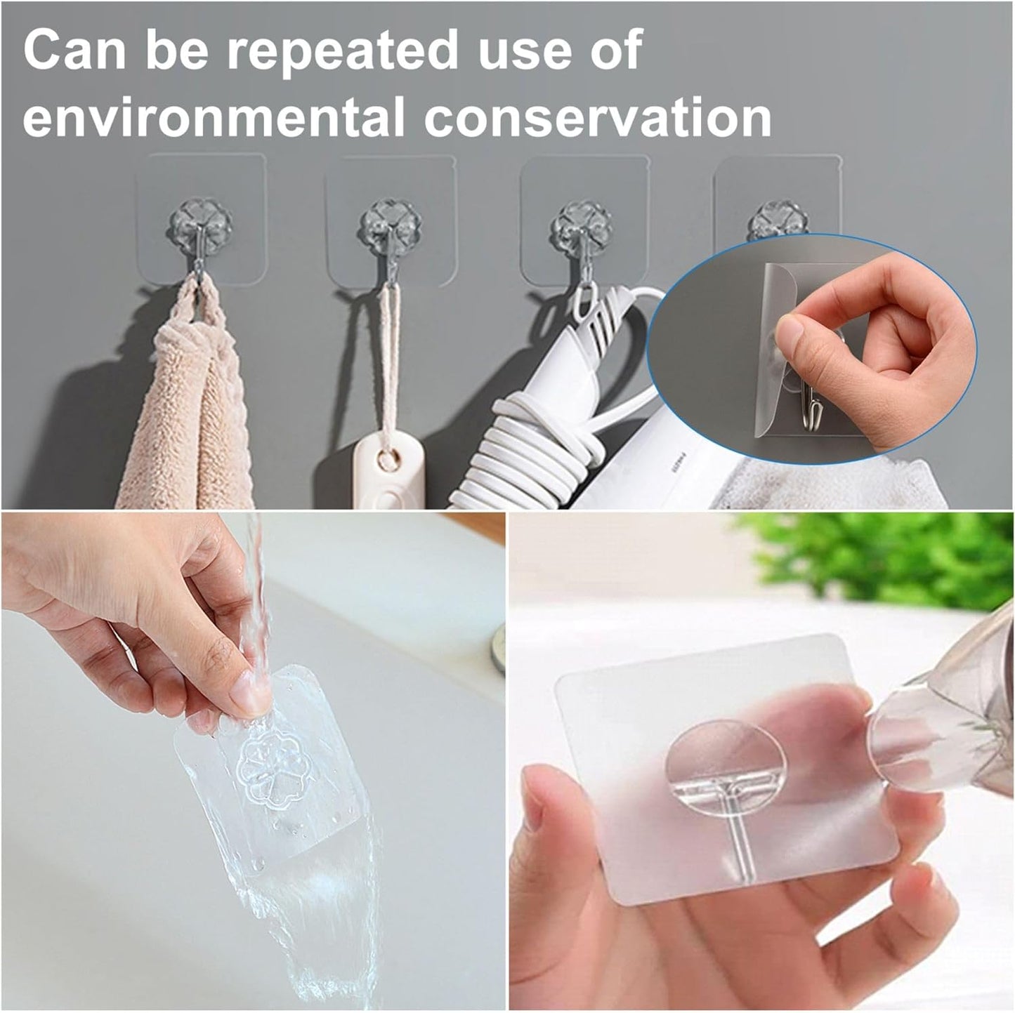 Wall Hooks 15Kg(Max) Heavy Duty Self Adhesive Hooks 10 Pack,Waterproof and Oilproof,Transparent Reusable Seamless Hooks Strong,Suitable for Bathroom Kitchen