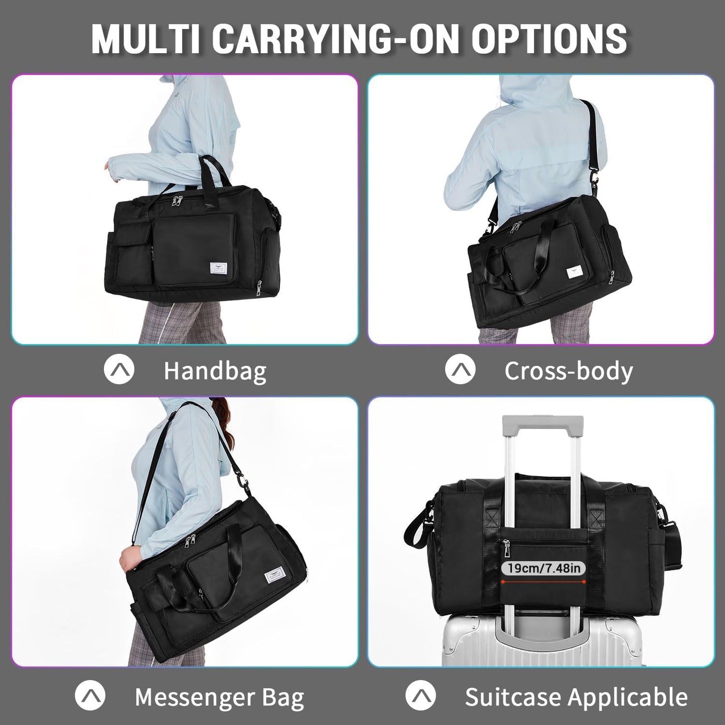 Womens Mens Sports Gym Bag Duffle Bag with Shoes Compartment, Weekend Travel Bag Overnight Bag for Women, Water Resistant Holdall Hospital Bag for Swimming Black