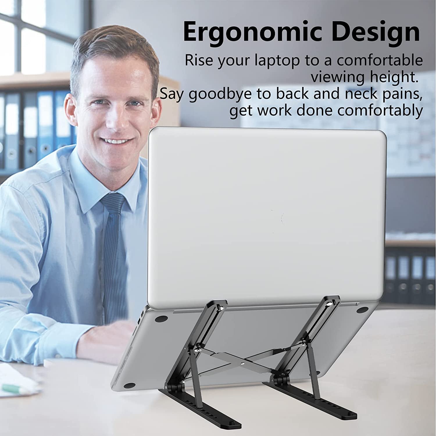 Laptop Stand for Desk, Adjustable Laptop Riser Abs+Silicone Foldable Portable Laptop Holder, Ventilated Cooling Notebook Stand for 10-15.6” Laptops,Tablet-Black