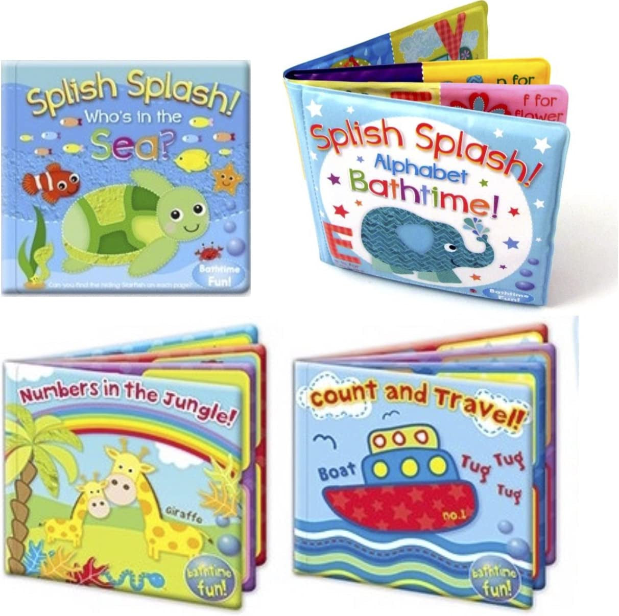 Set of 4 Baby Bath Books | First Words ABC Letters & Numbers | Plastic Coated & Padded | Floating Fun Educational Learning Toys for Toddlers & Kids