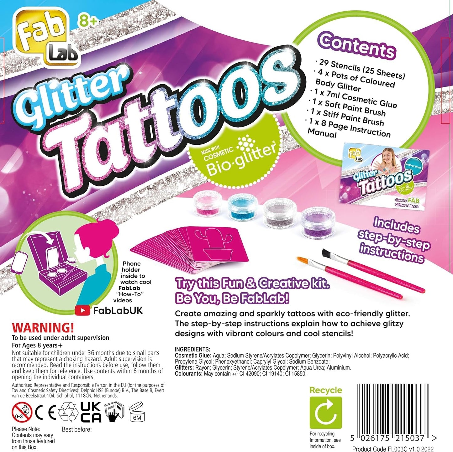 Glitter Tattoos | Create FAB Glittery Kids Tattoos! | Includes 28 Stencils and 4 Sparkly Colours of Bio-Glitter | Girls Gifts for Ages 8+