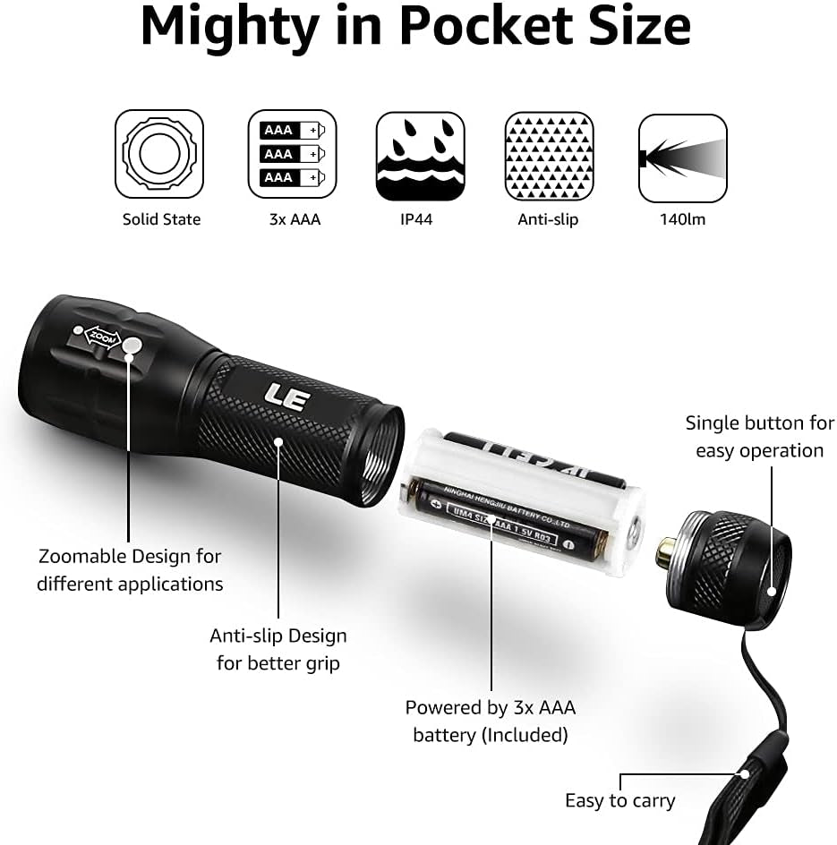 LE LED Torch Battery Powered, LE1000 Super Bright Hand Flashlight, Adjustable Focus, Water Resistant, Lightweight Small Torch for Power Cut, Camping, Dog Walking, Gift for Kids Men Dad Him Elderly