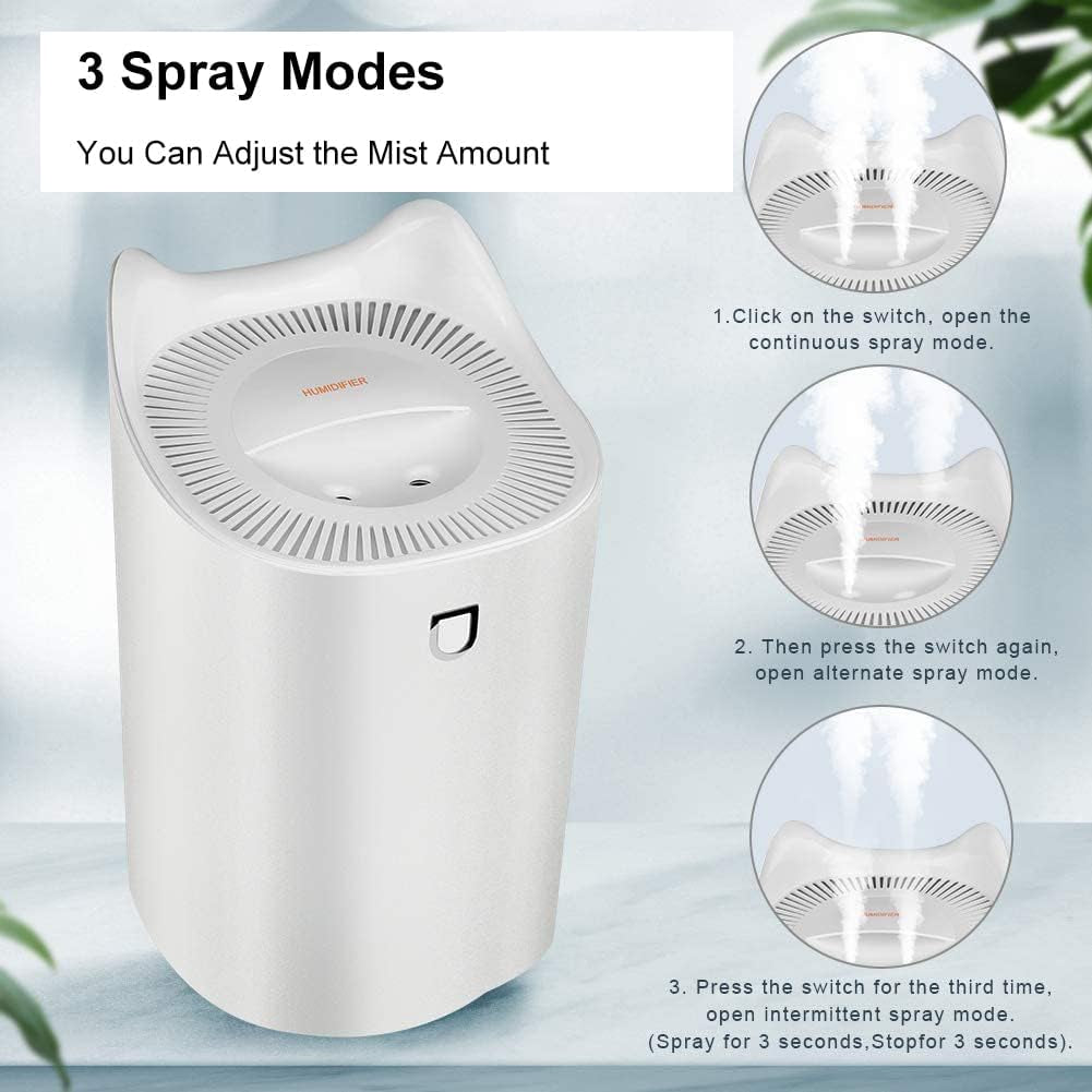 Humidifier, 3L Humidifier for Bedroom (Lasts up to 20 Hours), Air Humidifiers for Home with Color Changing Night Light for Baby Plant Office, 3 Mist Modes, 2 Nozzles, Auto Shut Off