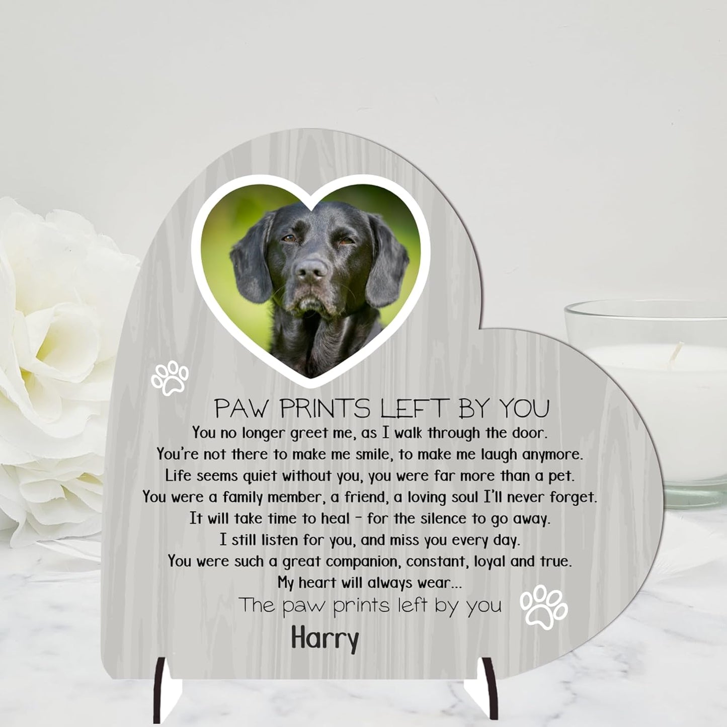 Personalised Pet Bereavement Plaque with Stands - Handcrafted Photo Memorial Decor from MDF Wood, Customisable Design, Mdf Wood Heart on Stands Uk-Made (Mdf Wood 13.5Cm X 13.5Cm, Grey Wood Effect)