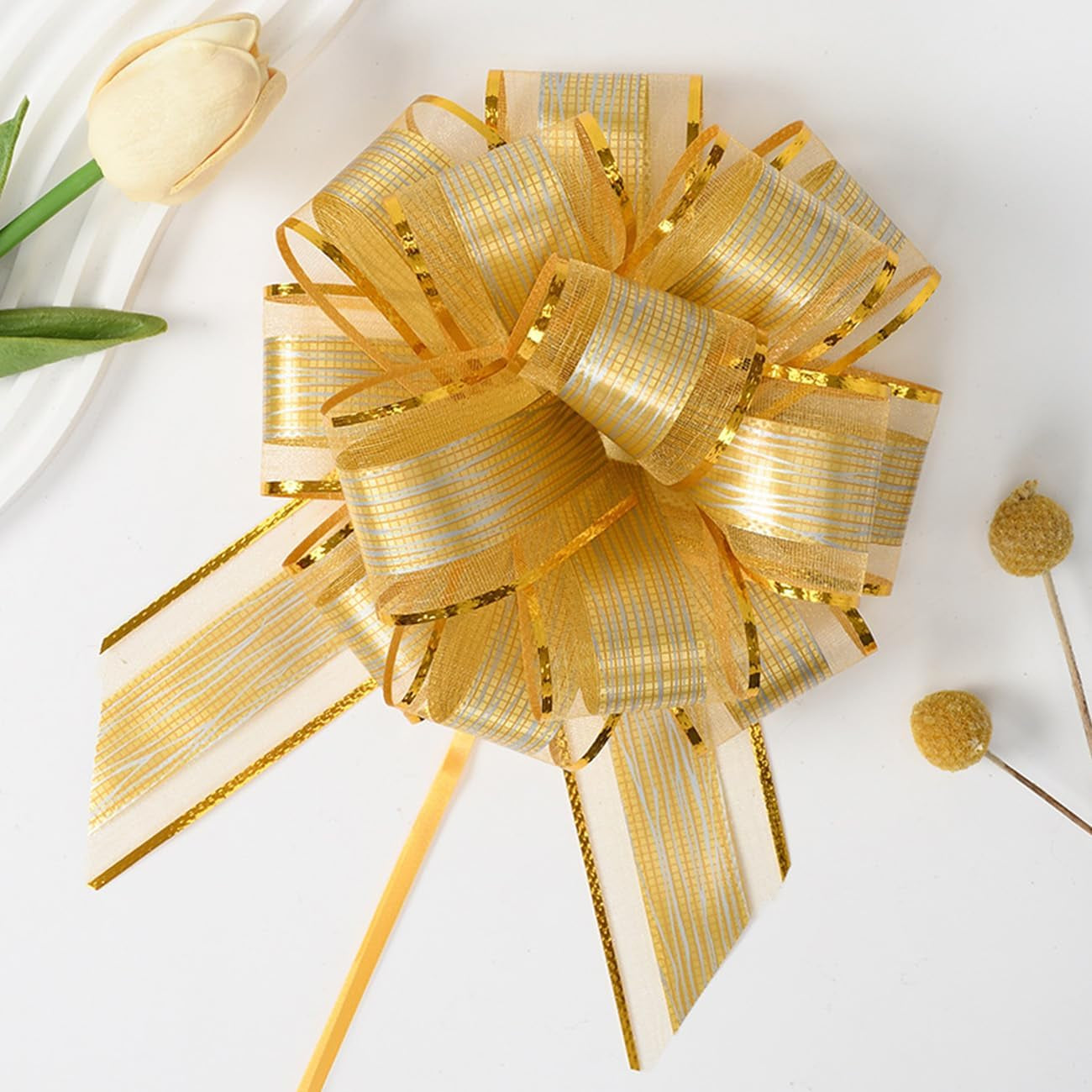 10Pcs Large Pull Bows(6 Inch),Gold Organza Pull Bows for Gift Wrapping,Party Decorations,Wedding Cars,Baskets