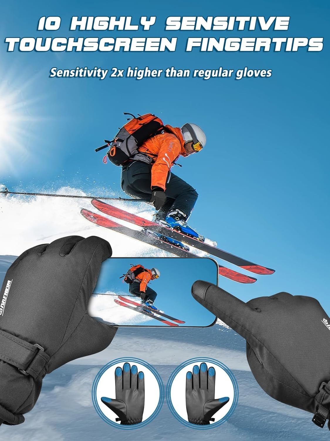 Waterproof & Windproof Winter Gloves with Fleece Lining, -20℉ Coldproof Touch Screen Thermal Ski Gloves for Cycling, Hiking, Snowboarding, Running, Outdoor Sports - Men