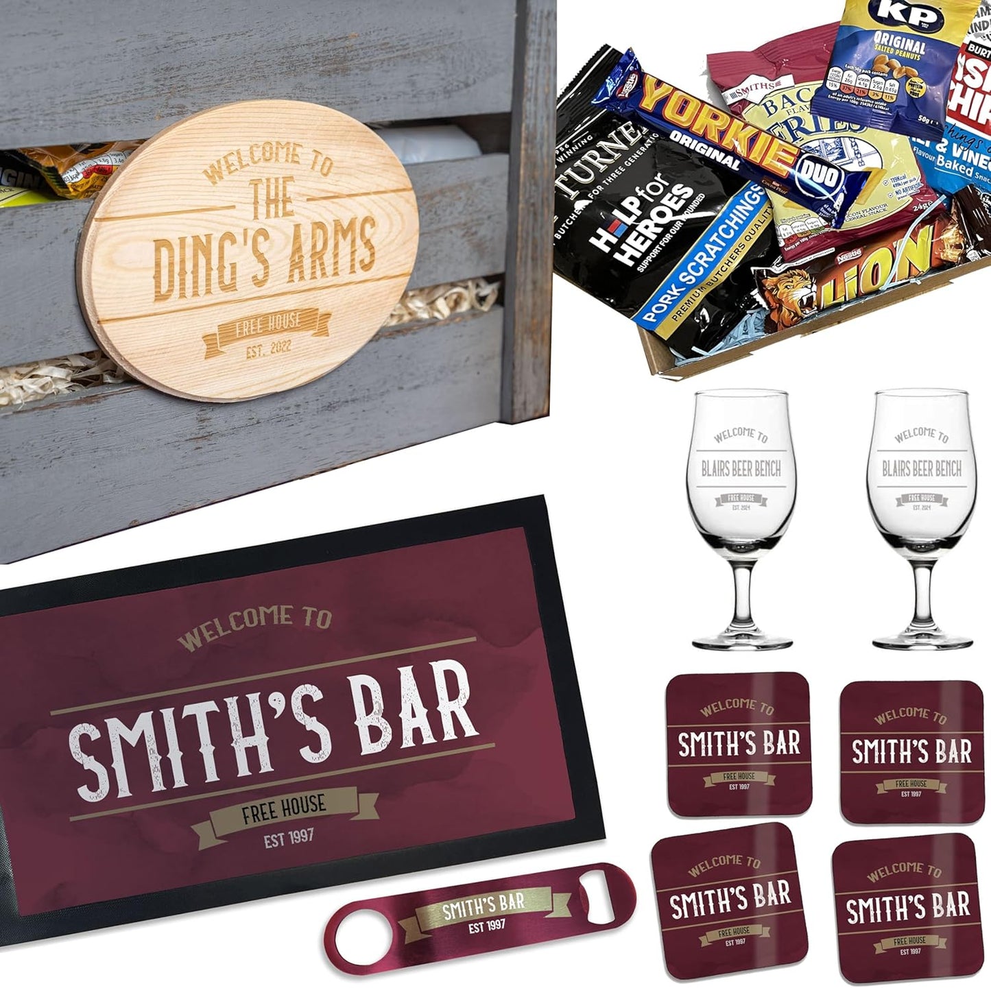 Personalised Bar Accessories for Home Pub - Bar Gift Set Custom Made Optics for Your Dads Home Bar | Choose from Bar Runners, Bottle Openers, Beer Mat Gifts