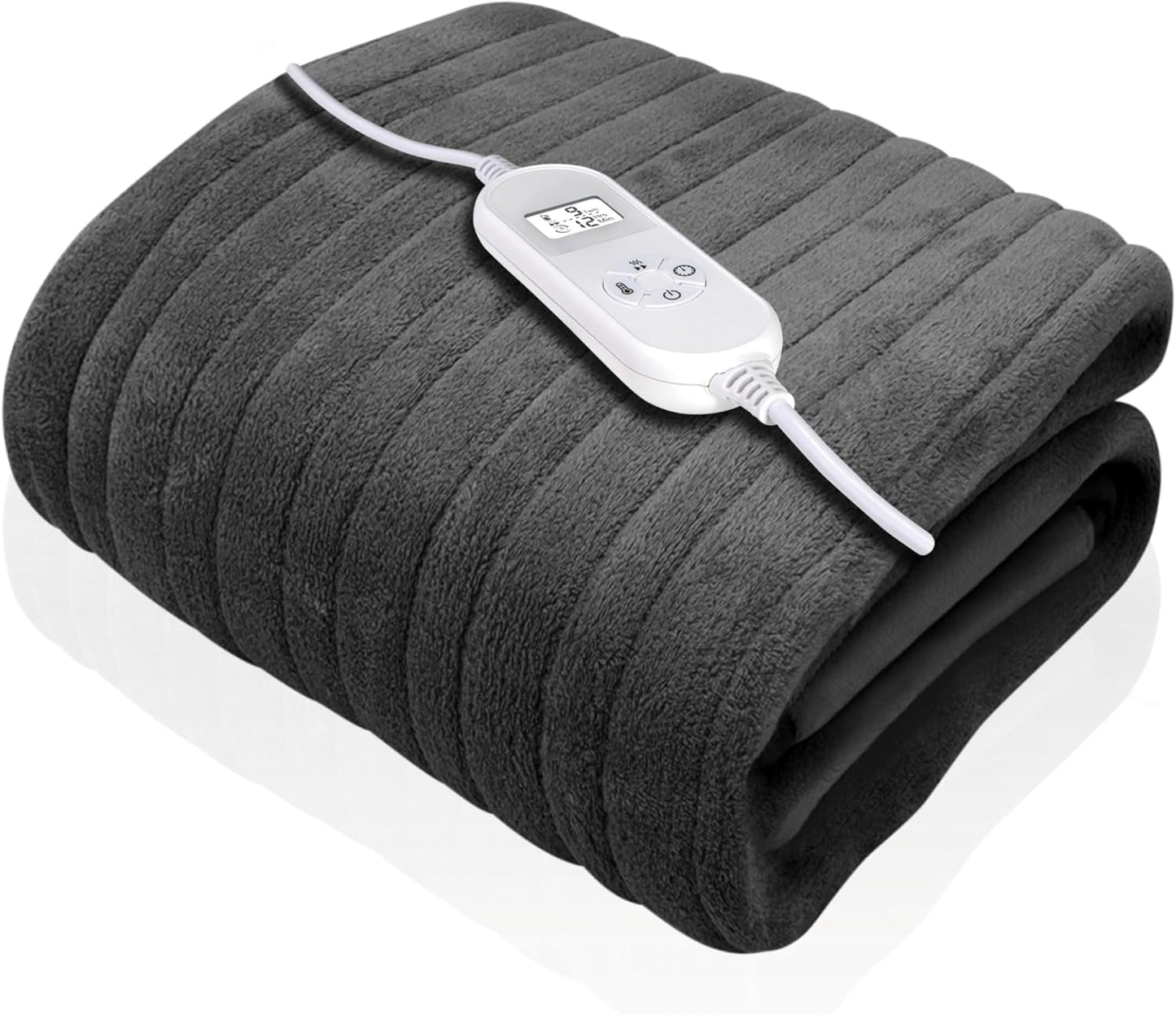 Luxurious Grey Heated Throw Electric Blanket, 160 X 120Cm Heated Blanket Machine Washable Soft Fleece Electric Throw Overblanket with Hr 12HR Timer and 9X Control Heat Settings