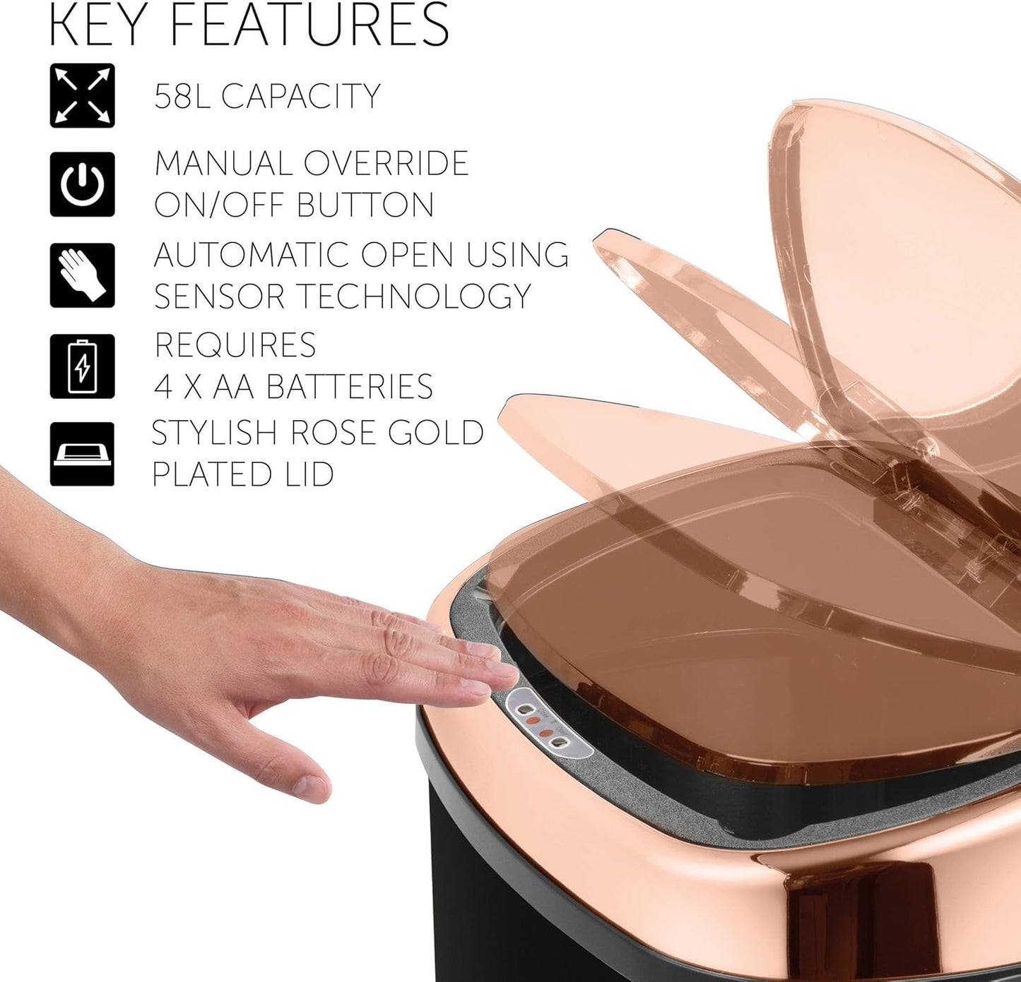 T80904RB Kitchen Bin with Sensor Lid, Automatic Soft-Close, Manual Override, 58 Litre, Black and Rose Gold