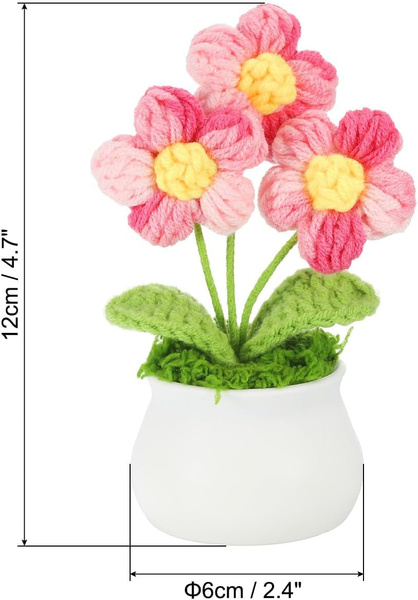 Crochet Flowers Potted, Handmade Knitted Mini Potted Plants Puff Knitting Artificial Flowers for Valentine'S Gifts Home Office Tables Decoration, Gradient Pink