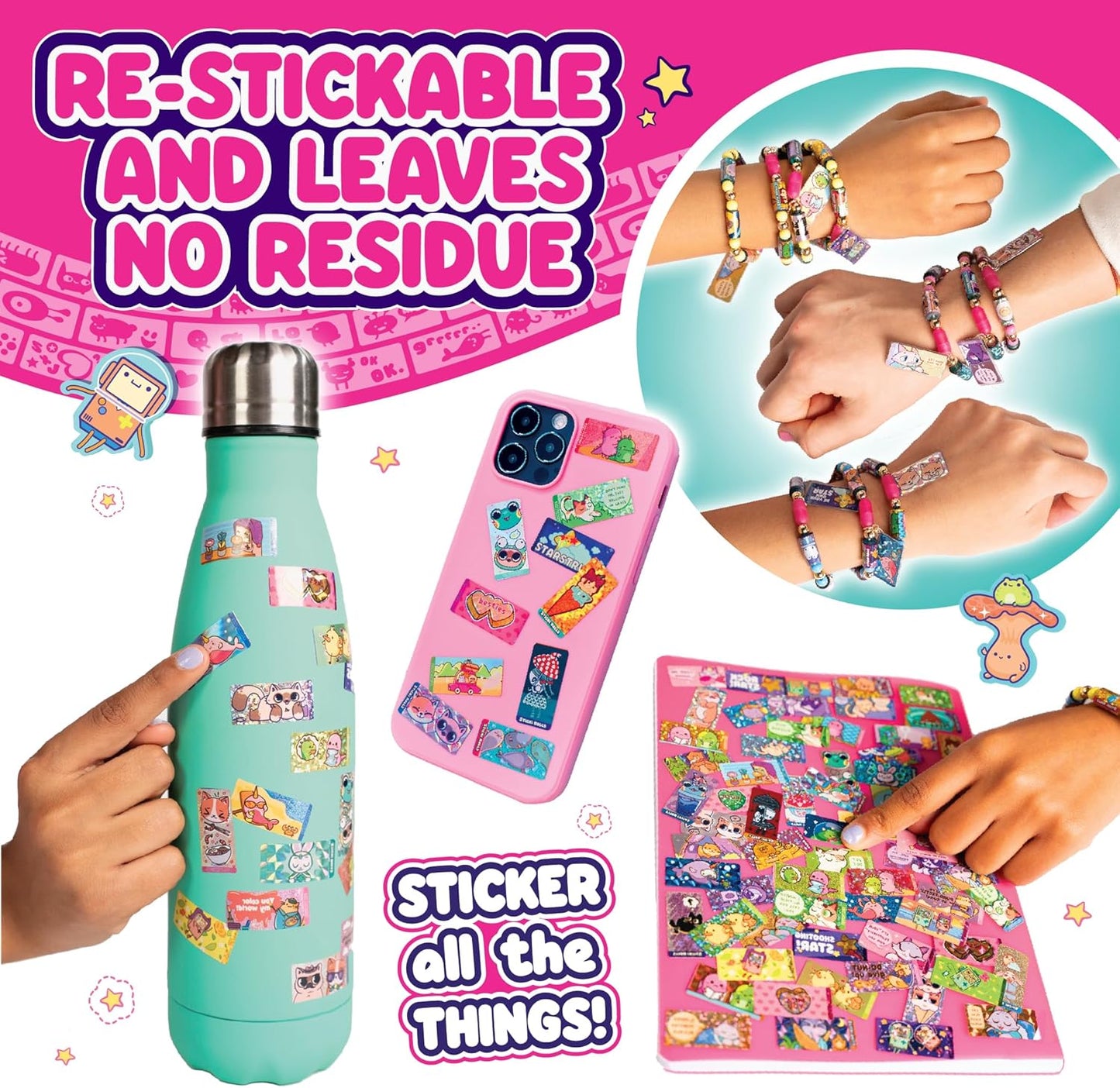 Sticki Rolls Sticki Bands, Wearable & Shareable Sticker Bracelet, 70 Mini Stickers, Assorted Colours and Styles, Packaging May Vary