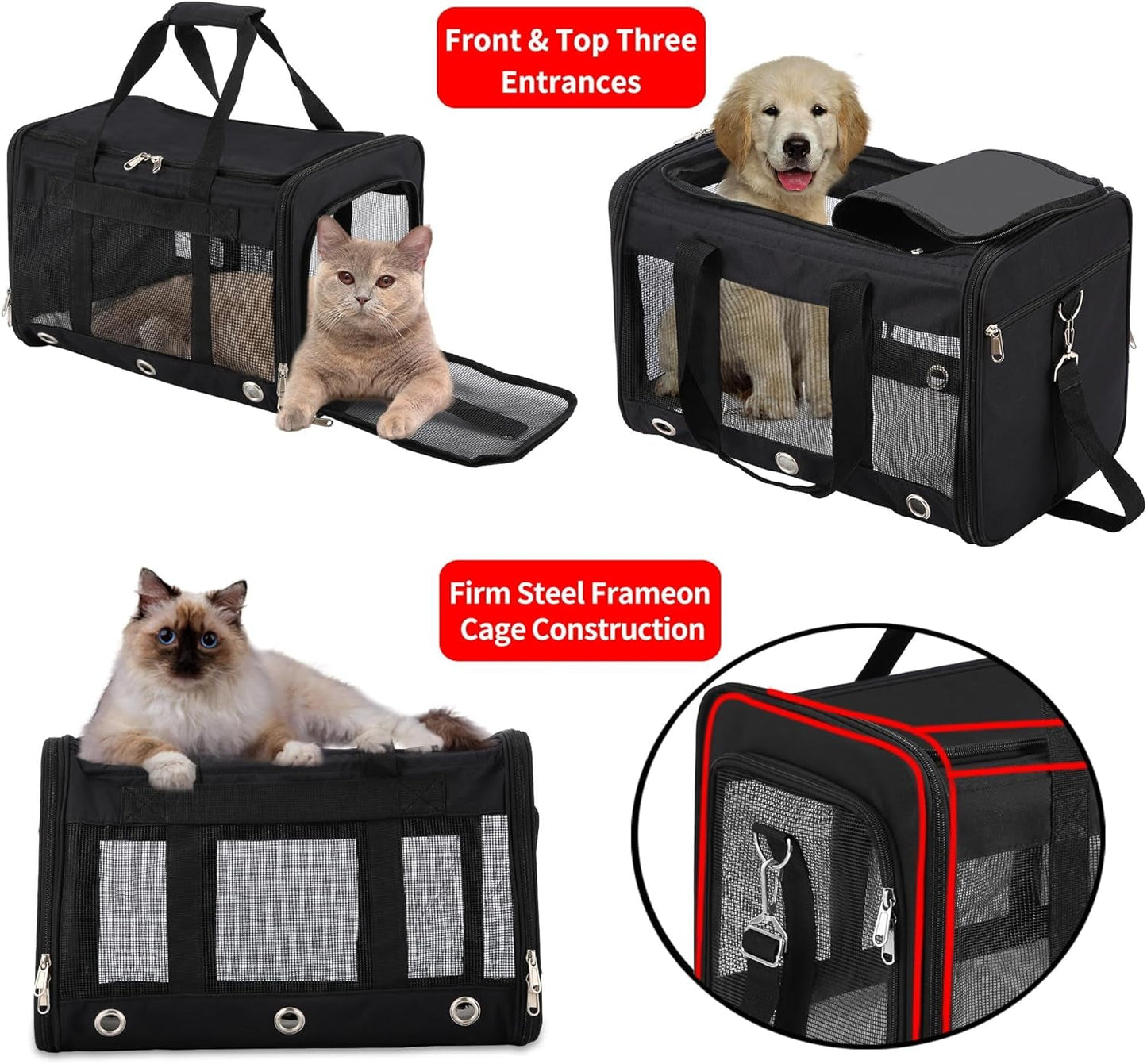 Soft Sided Foldable Cat/Dog/Pet Carrier Bag, Portable Puppy/Pets Travel Carriers for Cats/Dogs with Shoulder Strap & Removable Mat, Durable Cat Basket of 17 Lbs Airline Approved - Black, M