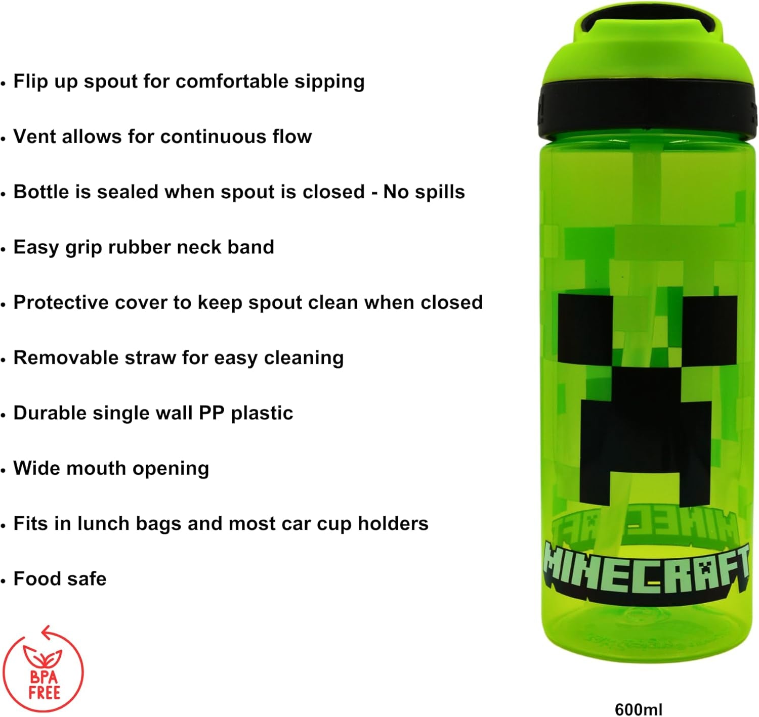 Minecraft Atlantic Creeper Drinks Bottle with Logo Eco Freindly Bpa-Free Plastic School Water Bottle with Removable Straw, Spills Proof Gift for Minecraft Fan Officially Merch 600ML