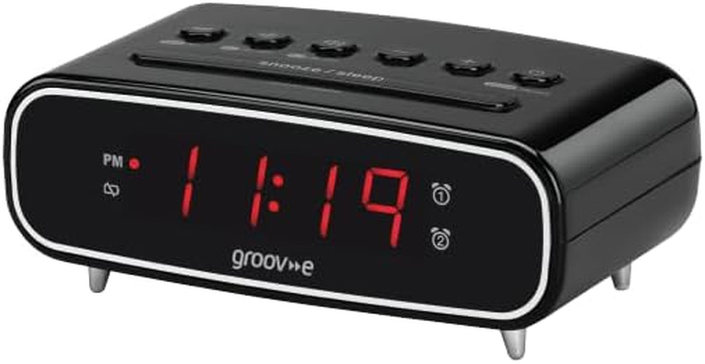 Groov-E Rise - Digital Alarm Clock with FM Radio, LCD Display, & Dimmer Function - 12Hr/24Hr Time Modes - Mains Powered, Backup Battery System - Black