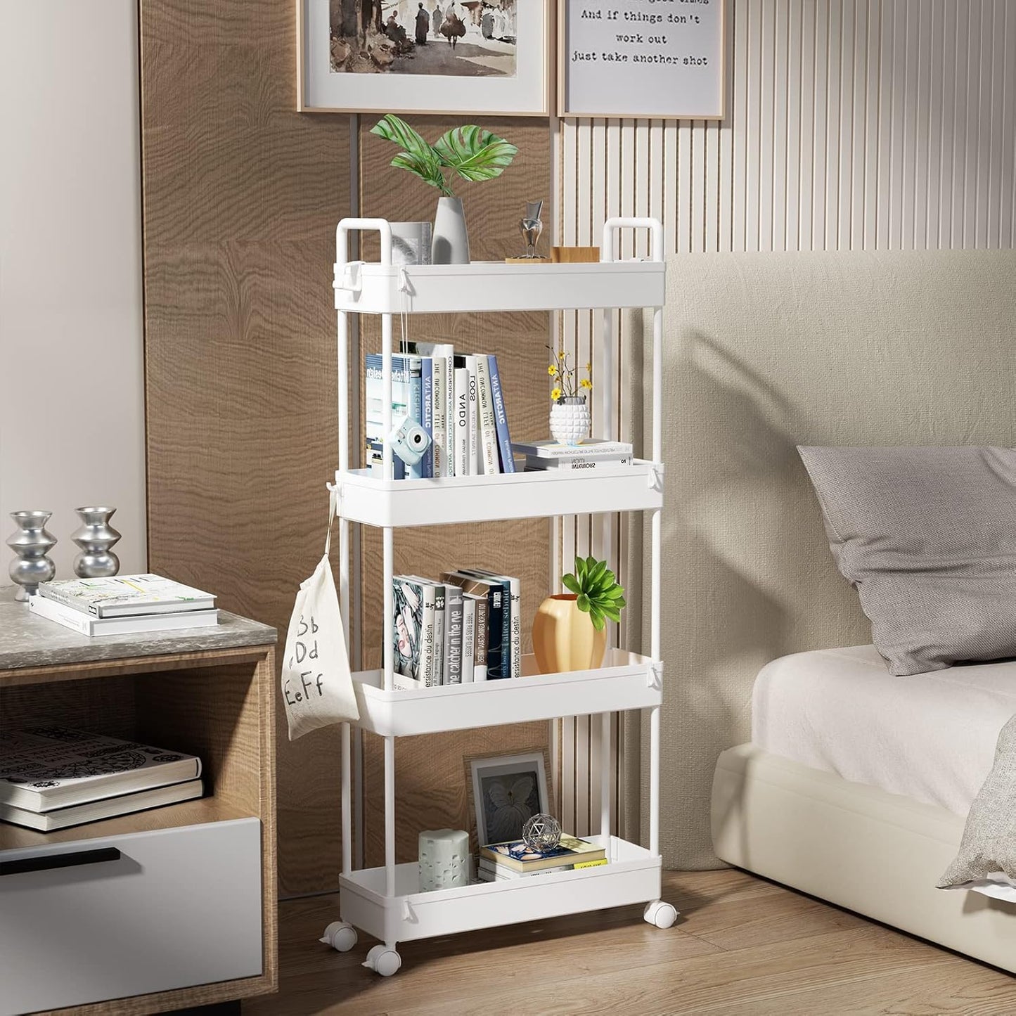4-Tier Storage Trolley Cart Slide-Out Slim Rolling Utility Cart Mobile Storage Shelving Organizer for Kitchen, Bathroom, Laundry Room, Bedroom, Narrow Places, Plastic, White