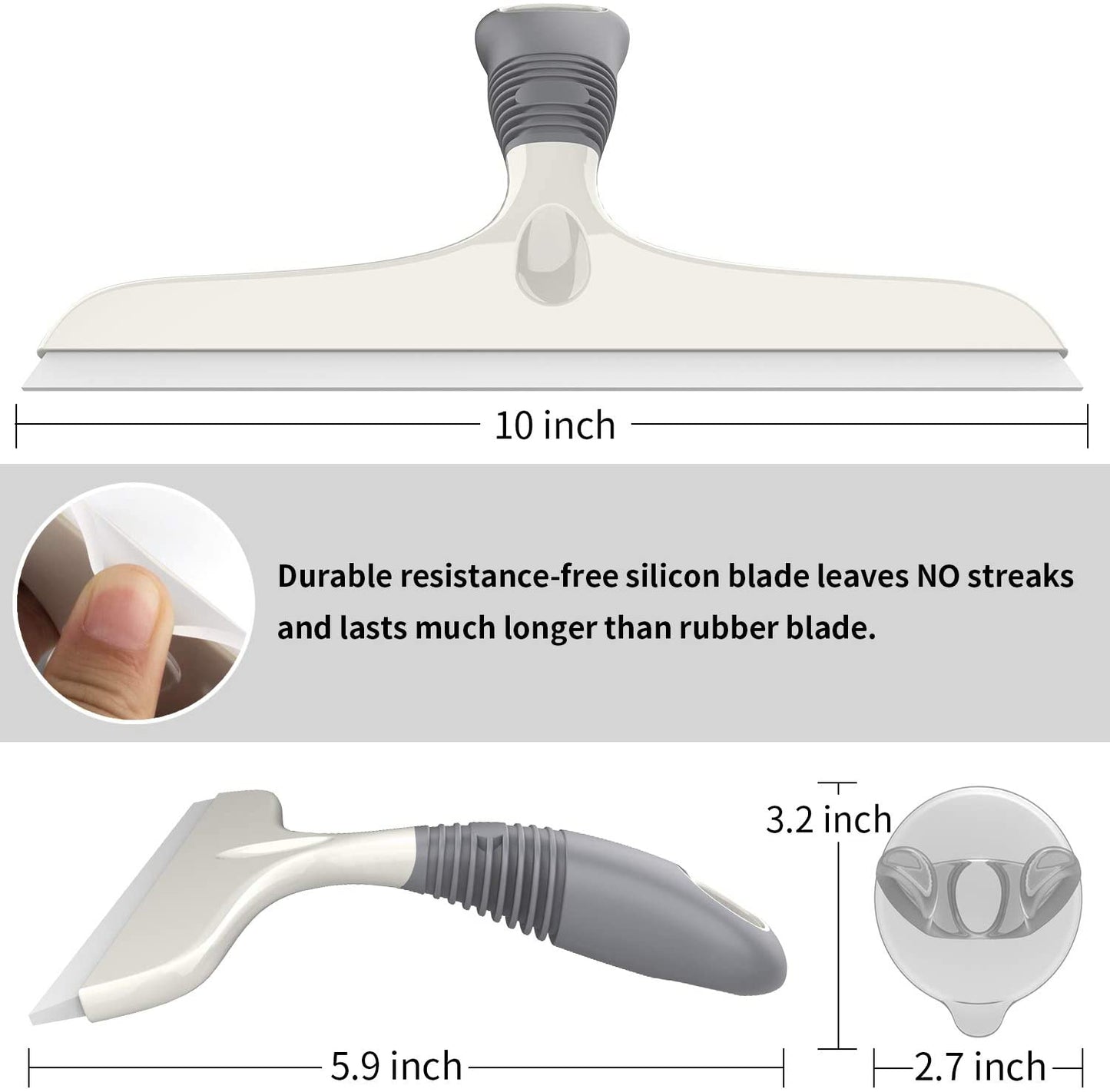 Multi-Purpose Squeegee for Window, Glass, Shower Door, Car, Heavy Duty Window Scrubber, Suction Hook Included, 10 Inch, White & Gray