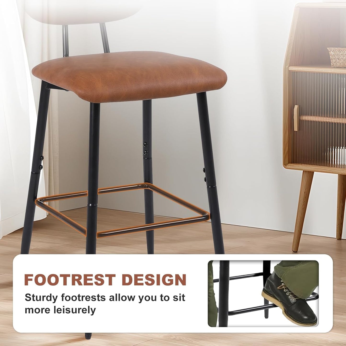 Bar Stools Set of 2, Tall Kitchen Stools with Backrest, Modern Faux Leather Barstools for Breakfast Bars, Counters, Restaurant and Home, Brown