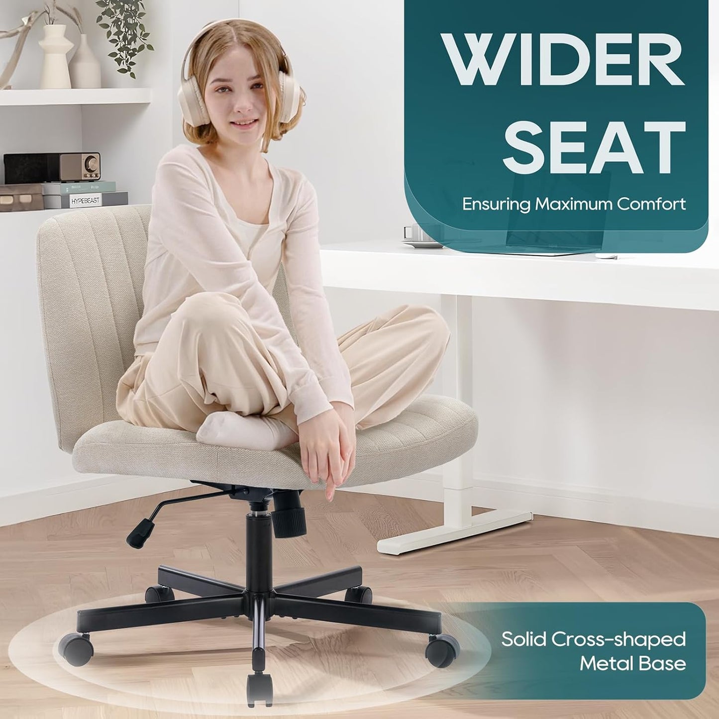 Wide Office Chair, Padded Armless Task Vanity Chair Swivel Home Office Desk Chair 115°Rocking Mid Back Ergonomic Computer Chair for Home Working, Make Up, Gaming (With Wheels, Beige)