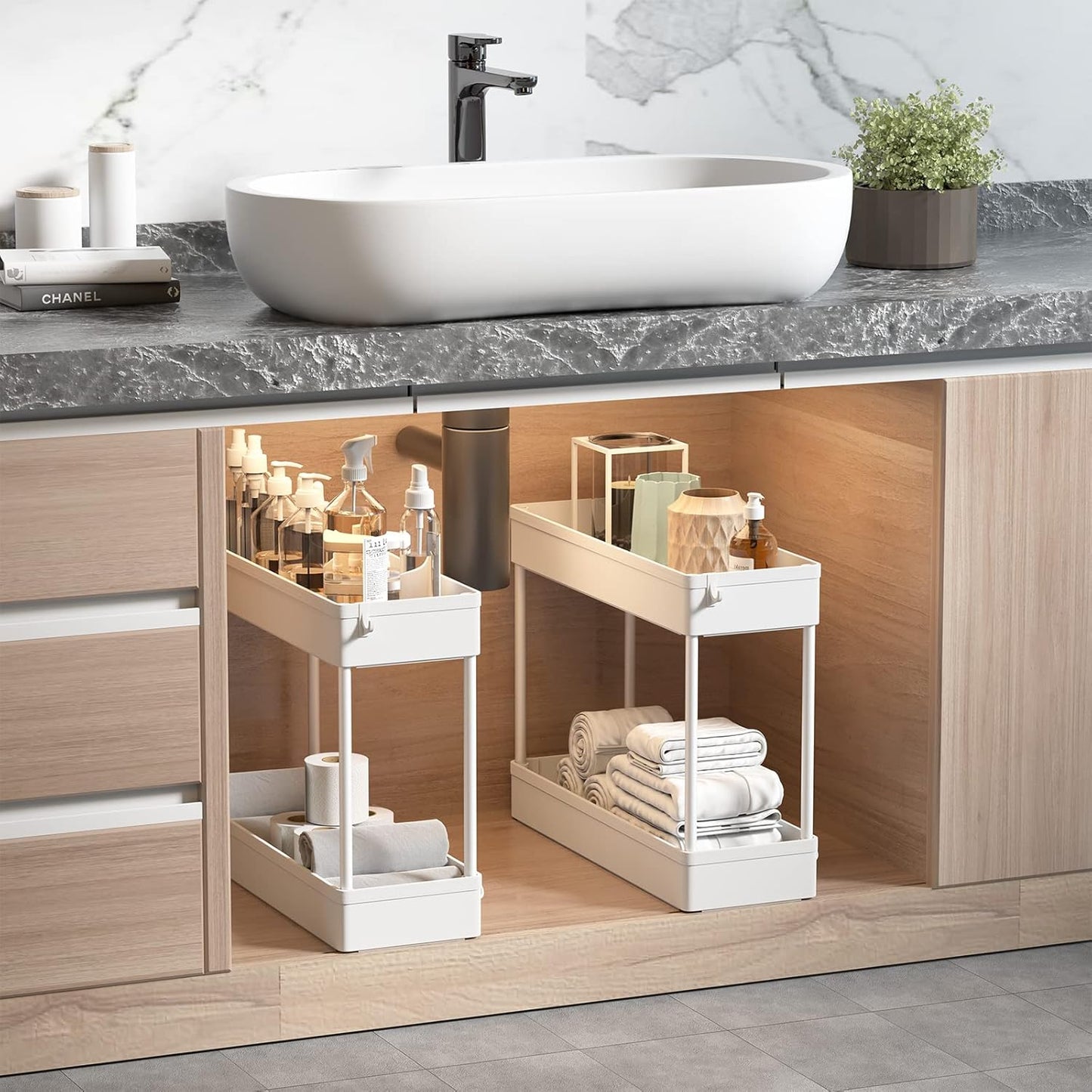 4-Tier Storage Trolley Cart Slide-Out Slim Rolling Utility Cart Mobile Storage Shelving Organizer for Kitchen, Bathroom, Laundry Room, Bedroom, Narrow Places, Plastic, White