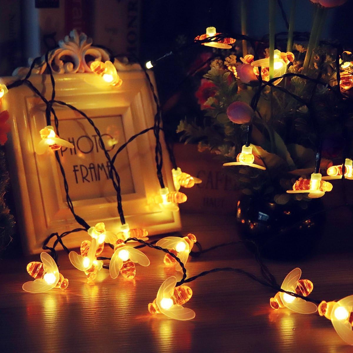 Solar Garden Lights, Honey Bee Fairy String Lights, 7M/24Ft 8 Mode Waterproof Outdoor/Indoor Garden Lighting for Flower Fence, Lawn, Patio, Festoon, Summer Party, Christmas, Holiday(Warm White)