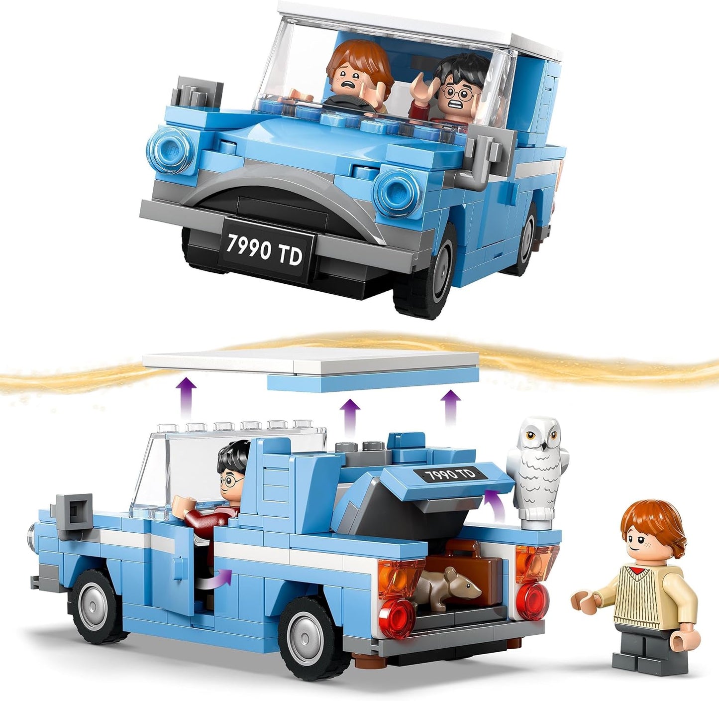 Harry Potter Flying Ford Anglia Car Toy for 7 plus Year Old Kids, Boys & Girls, Buildable Model with Ron Weasley Character Minifigure and Hedwig the Owl Figure, Wizarding World Gifts 76424