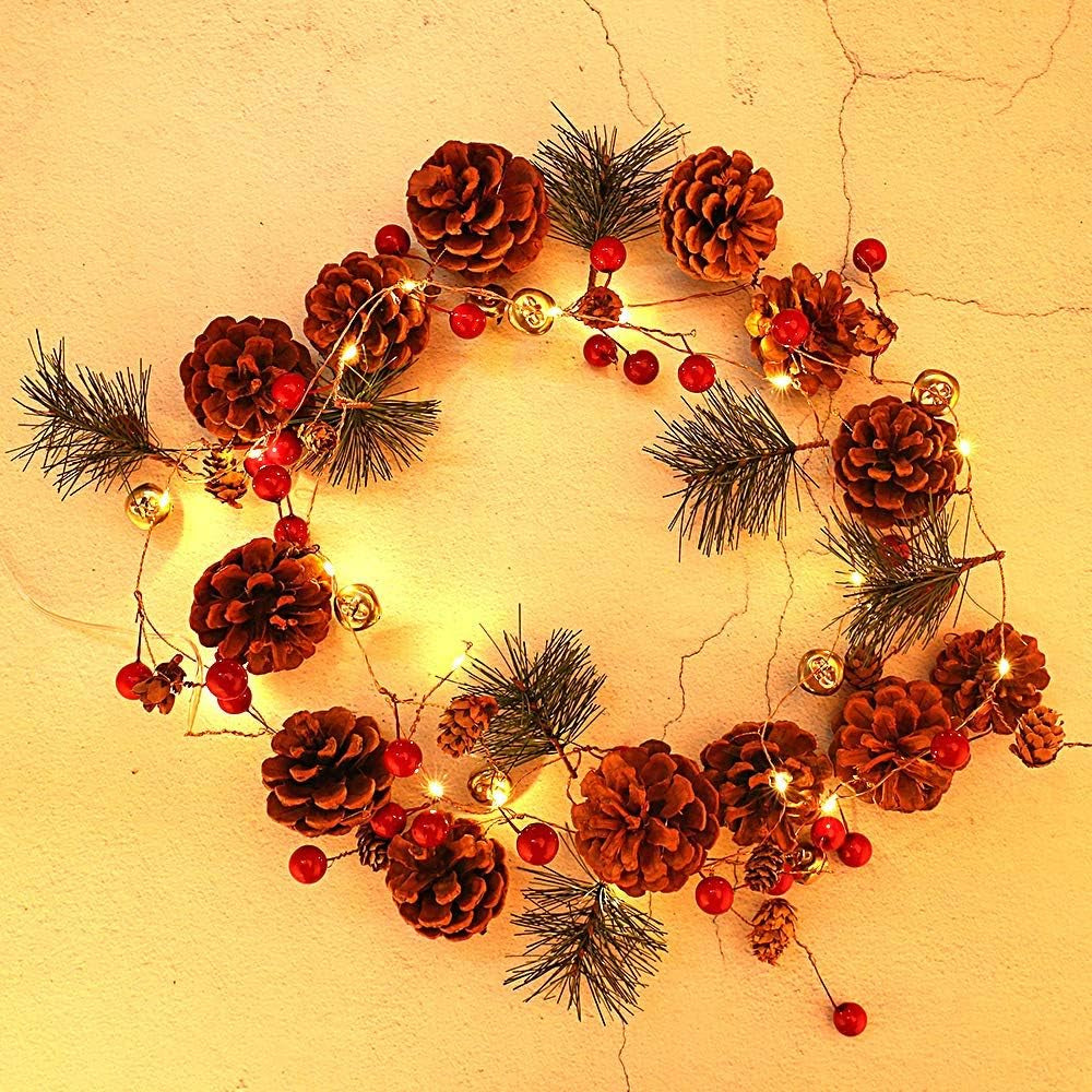 Christmas Garland with Lights,20 LED 6.56 FT Christmas Decorations Indoor Pinecones Christmas Light,Battery Operated Wreath Christmas Decor for Home Table Fireplaces Stair Railings Mantel