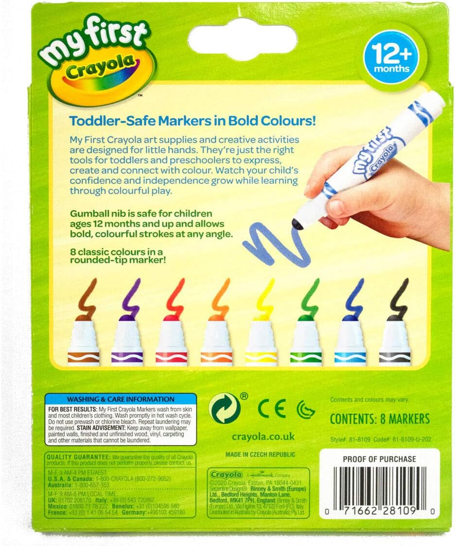 Myfirst Washable Markers - Assorted Colours (Pack of 8) | Easy-Grip Markers Ideal for Toddlers Hands | Ideal for Kids Aged 12+ Months