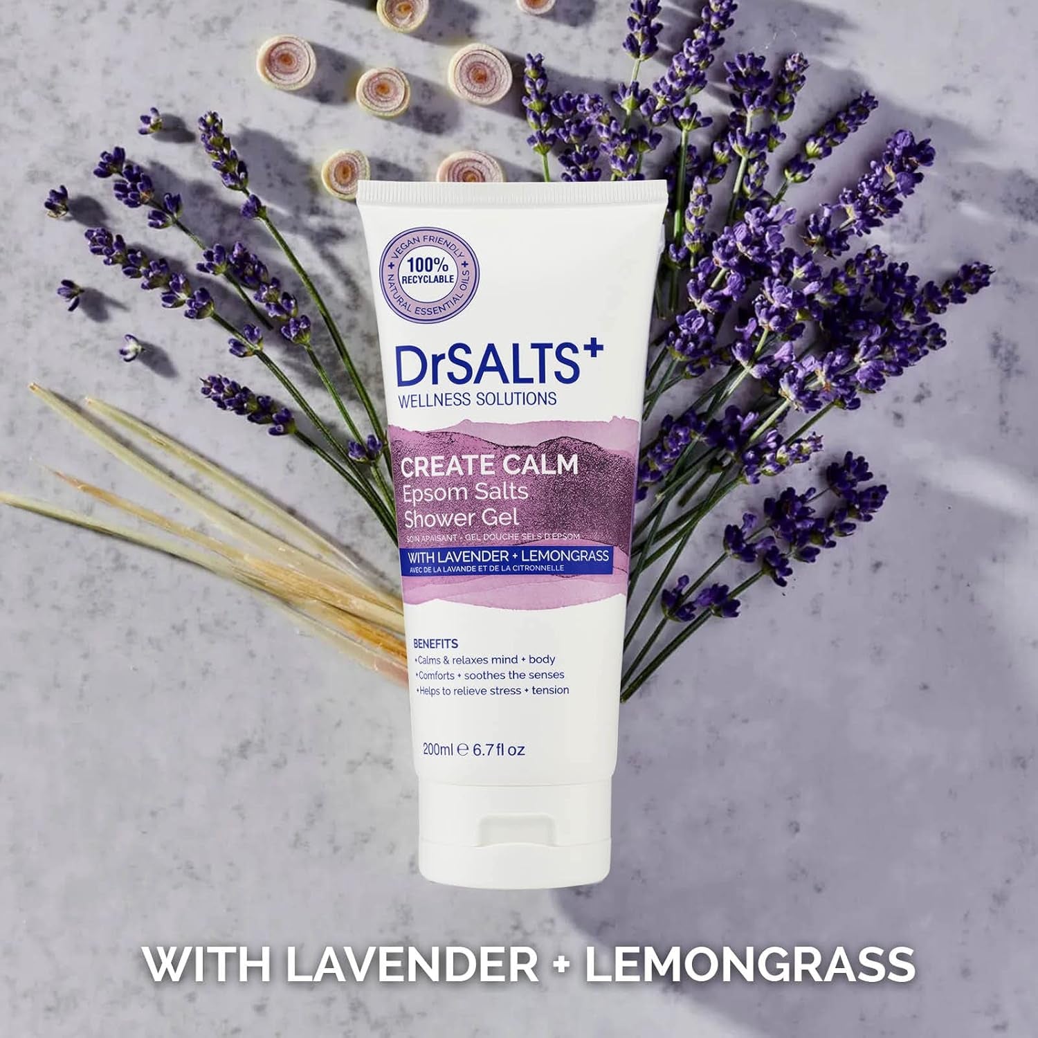 Drsalts+ Create Calm Shower Gel - Soothing Epsom Salts to Relax Body & Mind with Lavender, Chamomile & Lemongrass Essential Oils - Vegan & Cruelty-Free, 200Ml