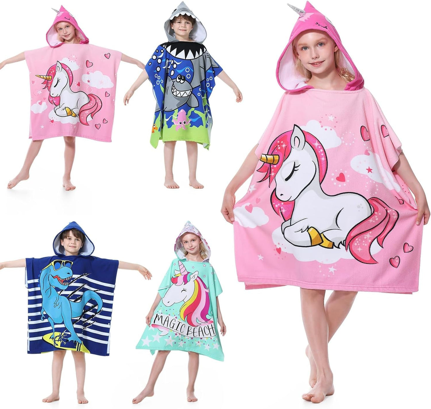 Kids Hooded Poncho Towels, Beach Changing Robe Bath Towel Poncho for Swimming Pool, Microfiber Soft and Large Bathrobe for Girls Boys Children 6-14 Years Old - Pink Unicorn