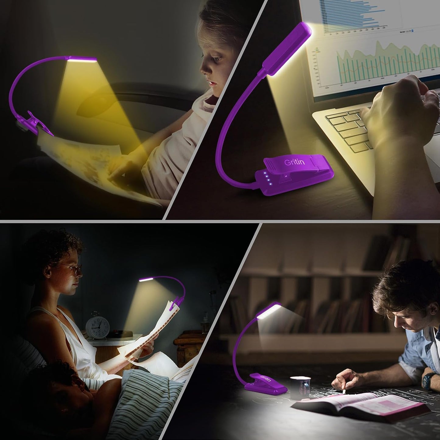 9 LED Clip on Book Light, 3 Eye-Protecting Modes Flexible Reading Light Book Lamp (Warm&Cool White) -Stepless Dimming, Rechargeable, Long Battery Life, 4-Level Power Indicator-Dark Purple