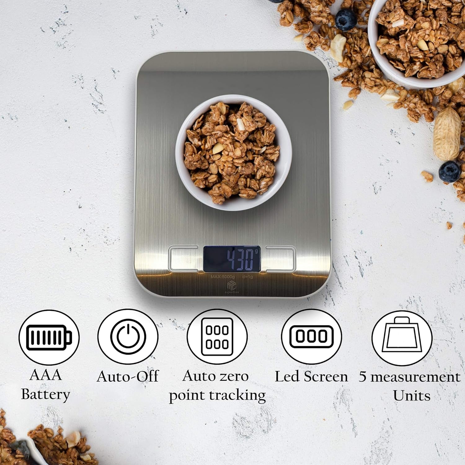 Kitchen Scales  Digital Electronic Coffee Weighing Scale for Cooking Baking High-Precision Food, Jewelry Weight Scales, LCD Display, Multifunctional, Tare Feature, Stainless Steel 5Kg-Aaa