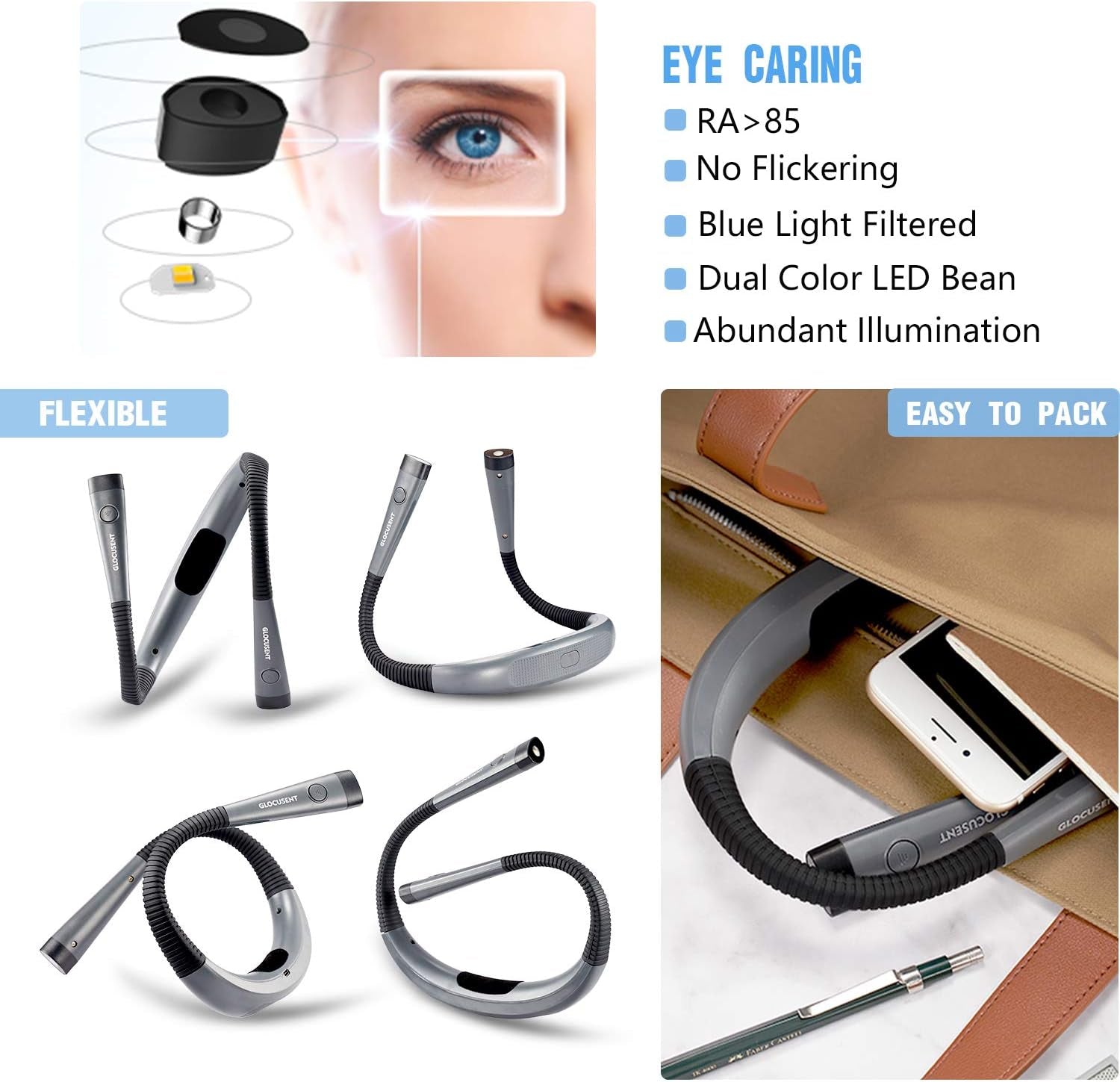 LED Neck Reading Light, Book Light for Reading in Bed, 3 Colors, 6 Brightness Levels, Bendable Arms, Rechargeable, Long Lasting, Perfect for Reading, Knitting, Camping, Repairing