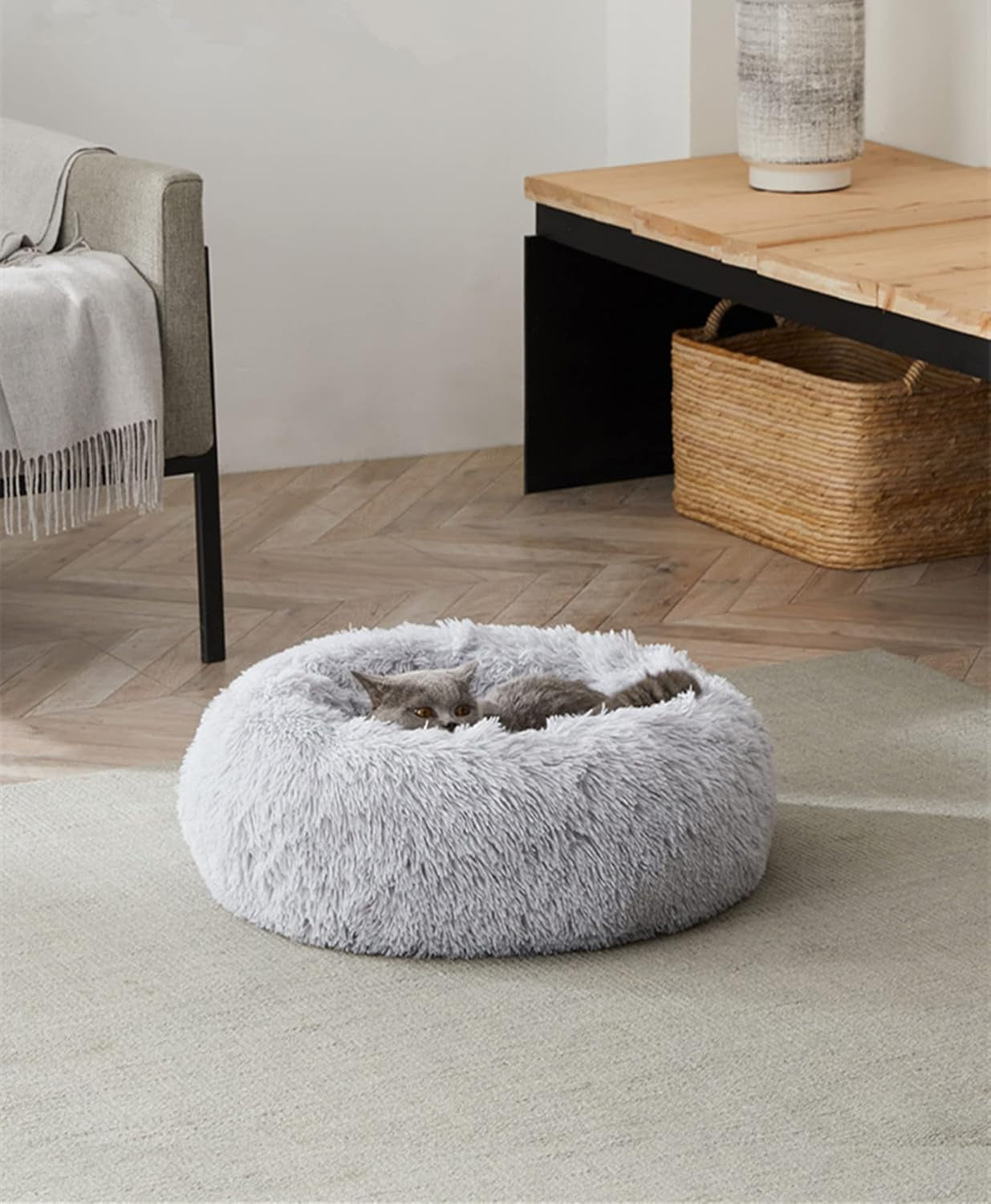 Plush Donut Dog Bed, Calming round Dog Cat Bed Soft and Fluffy Cuddler Pet Cushion Self-Warming Puppy Beds Machine Washable, Grey 50Cm