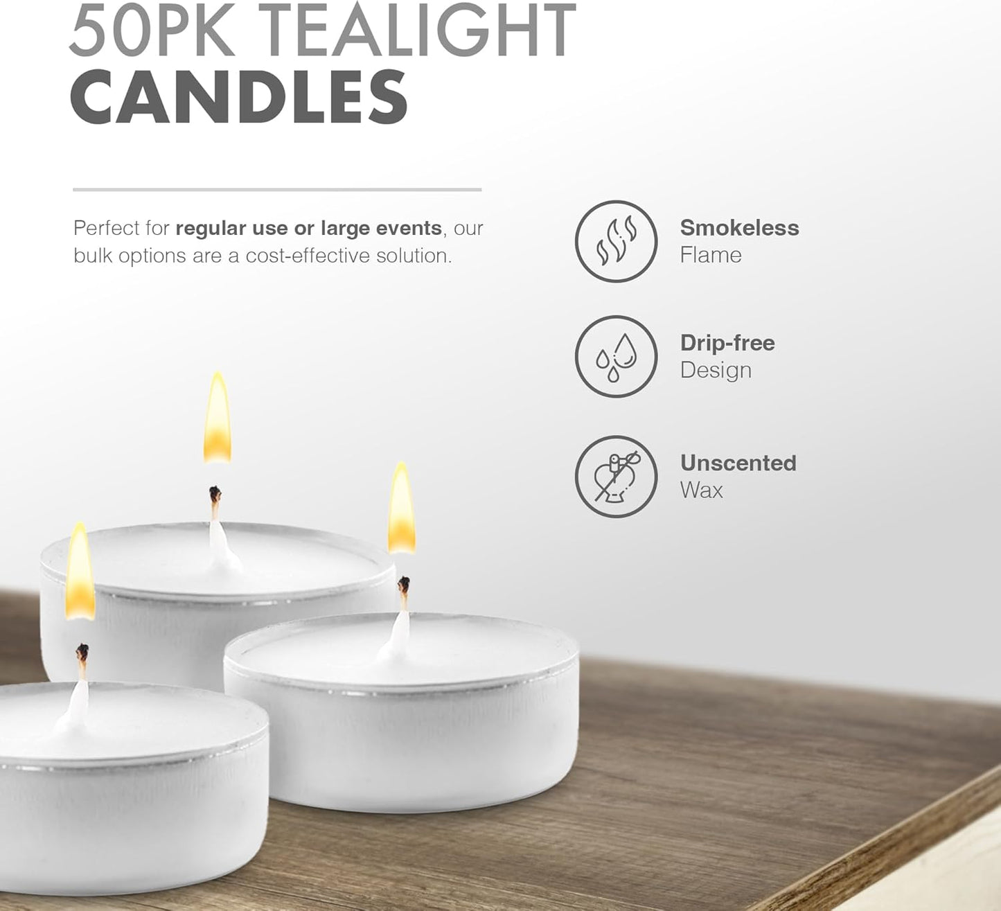 Unscented Tea Lights White - 50 Pack - Long-Lasting 8 Hour Burn Time - Smoke-Free Bright Flame - Ideal for Weddings, Events, Aromatherapy, Home Décor, and Emergency Use - Premium Quality