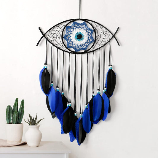Evil Eye Dream Catcher Hand-Woven Blue Macrame Dreamcatcher Evil Eye Wall Hanging Home Decoration Ornament Kids Christmas Thanksgiving Blessing Gift