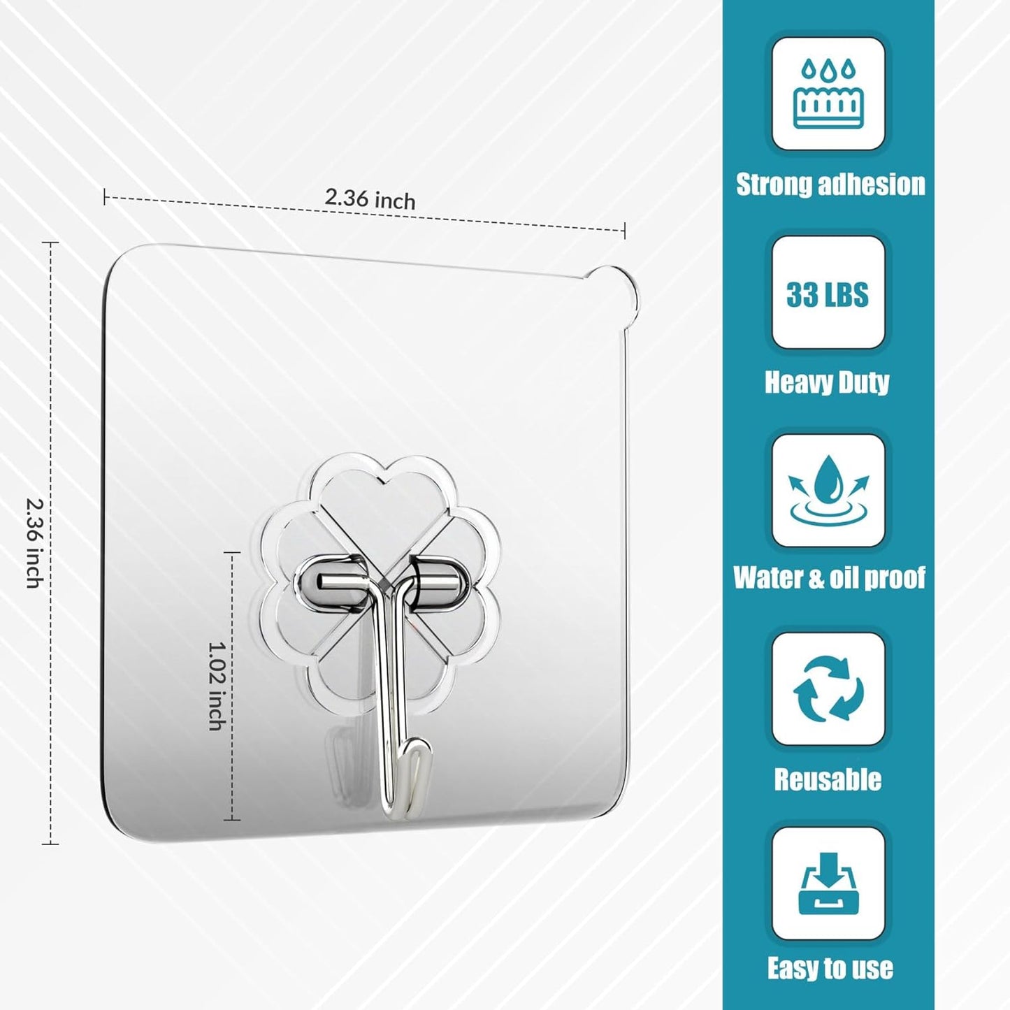 Wall Hooks 15Kg(Max) Heavy Duty Self Adhesive Hooks 10 Pack,Waterproof and Oilproof,Transparent Reusable Seamless Hooks Strong,Suitable for Bathroom Kitchen