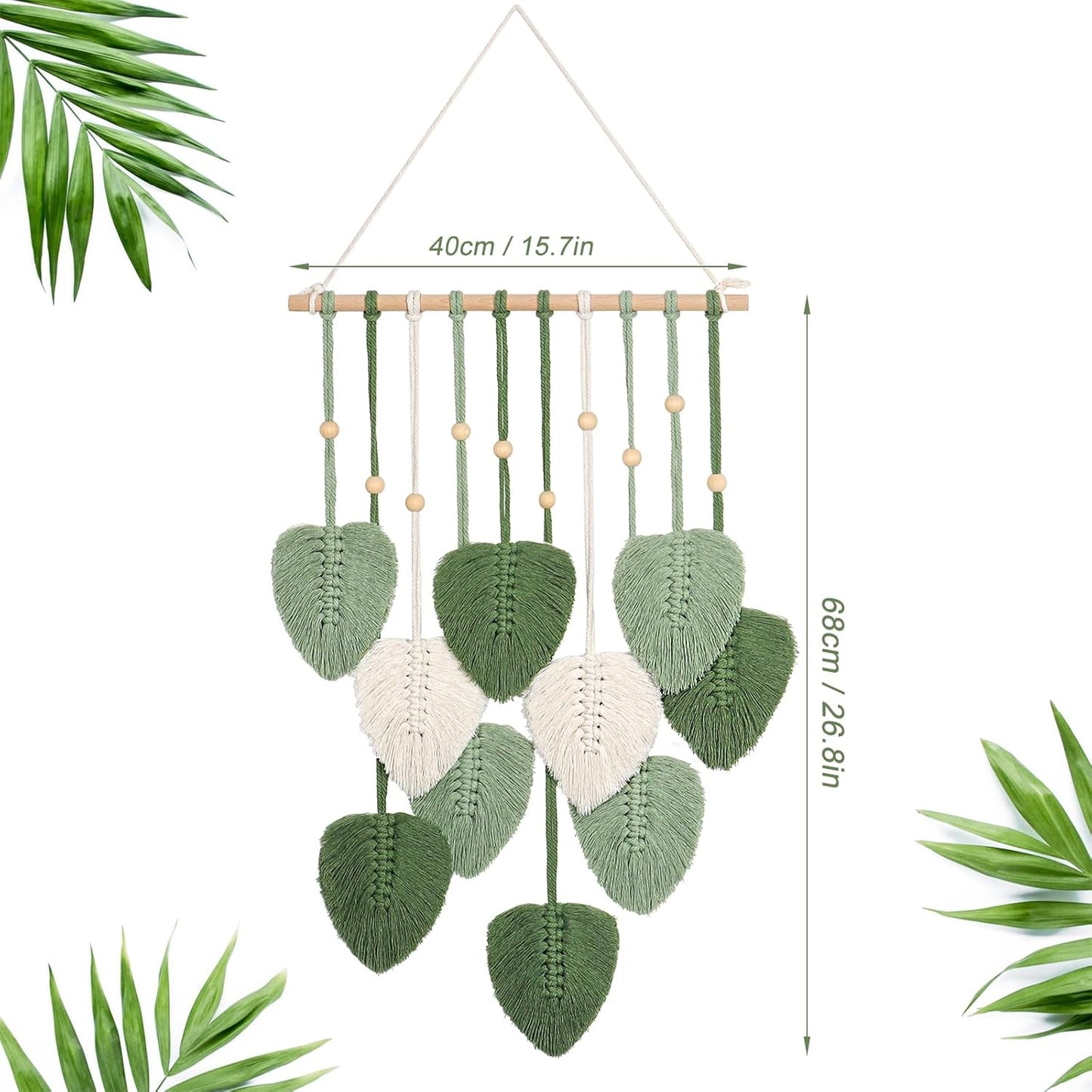 Macrame Wall Hanging Green Leaf Tassel Tapestry Boho Chic Wall Decor Handmade Woven Cotton Rope Tapestry Aesthetic Bohemian Wall Art for Bedroom Living Room Office Apartment Ornament