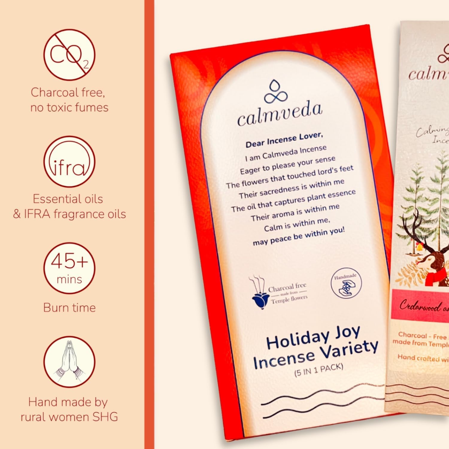 Happy Home Incense Sticks Multipack- (5 Variants) Charcoal Free, Made from Upcycled Flowers | Insense Cozy Warm Sticks like Vanilla Cake, Balsam Cedar, Rose & Cinnamon | Perfect Incense Gift Set