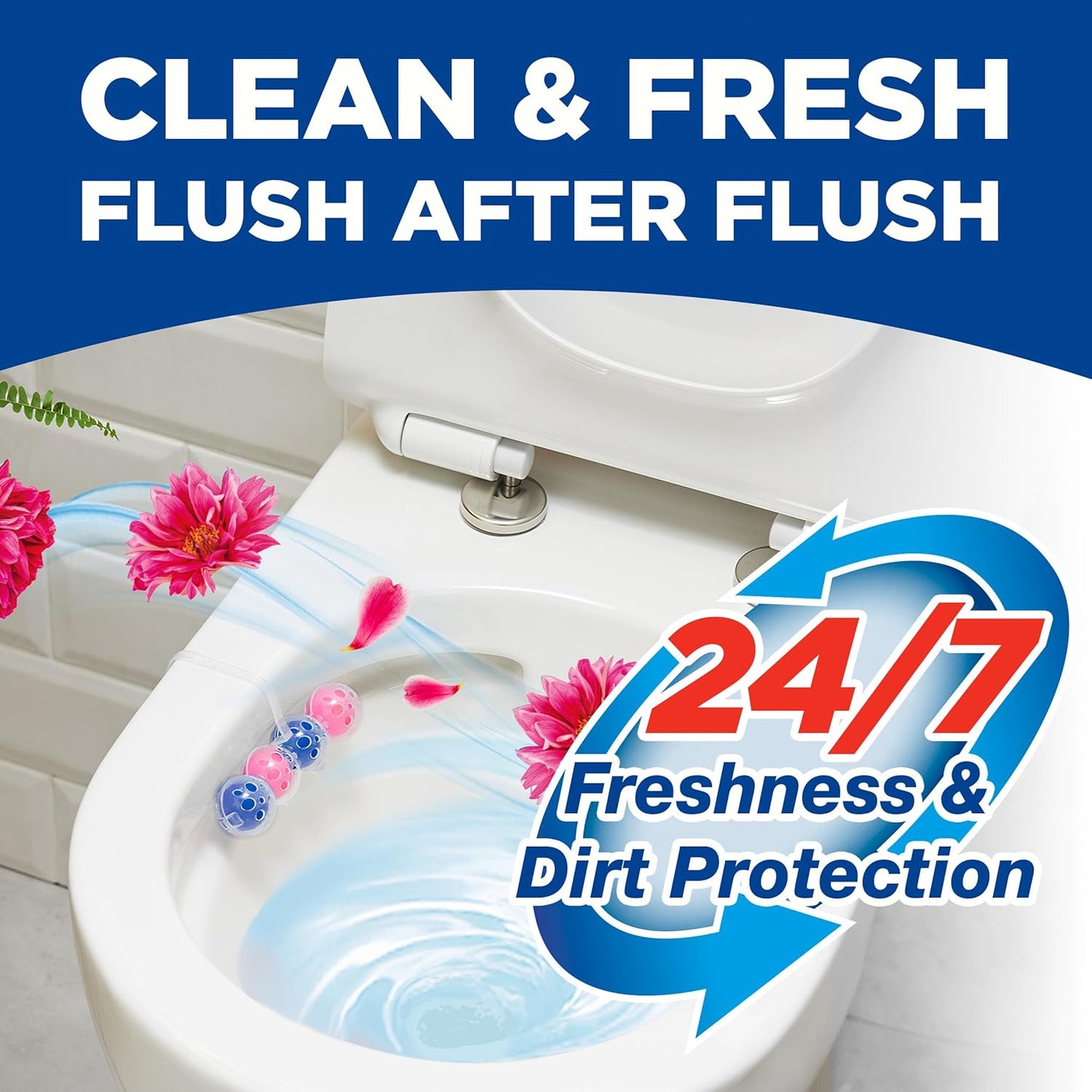 Power Active Toilet Rim Block Fresh Flowers, with Anti-Limescale, Cleaning Foam, Dirt Protection and Extra Freshness - Pack of 3 Rimblocks
