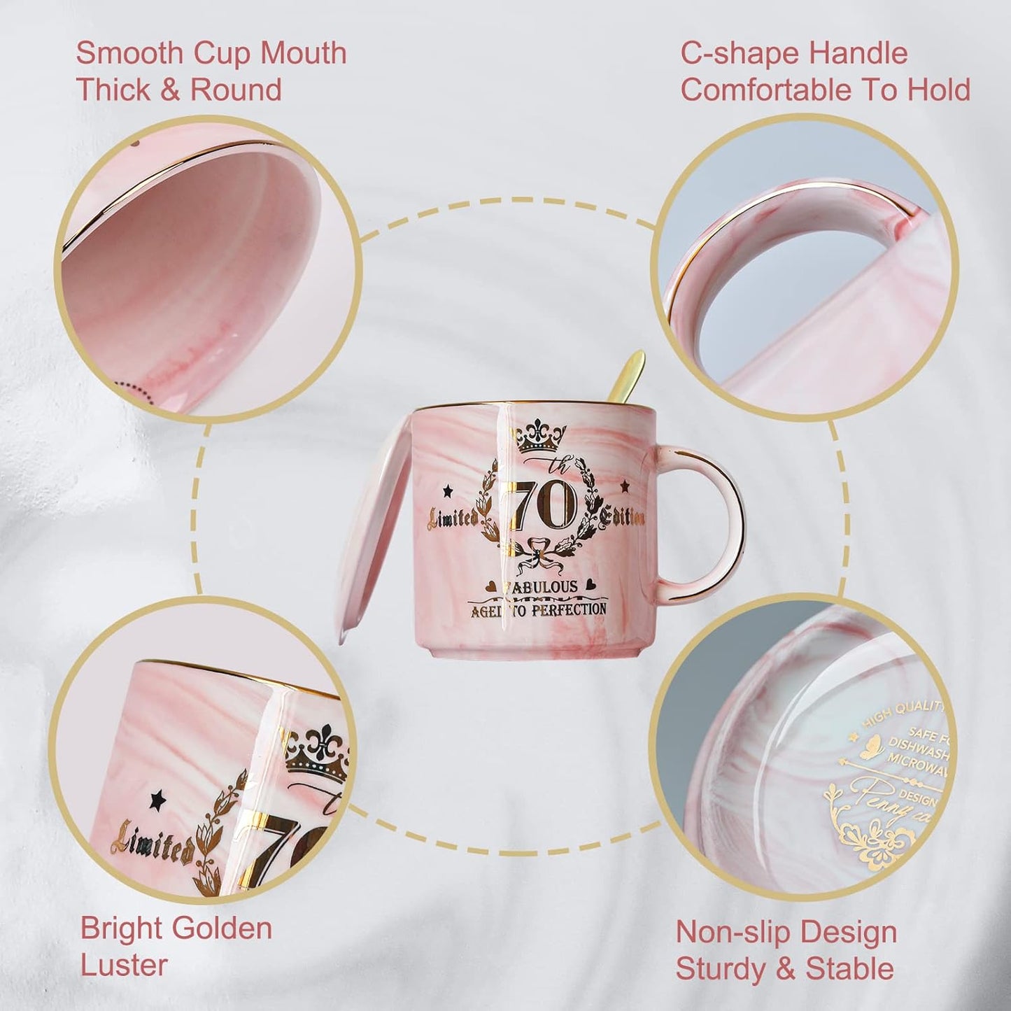 70Th Birthday Gifts for Women - 14Oz Pink Aged to Perfection Seventy Birthday Mug Printed with Gold - Happy Birthday Keepsakes Presents for 70 Years Old Grandma Mum Nanny, with Gift Box Lid Card Spoon