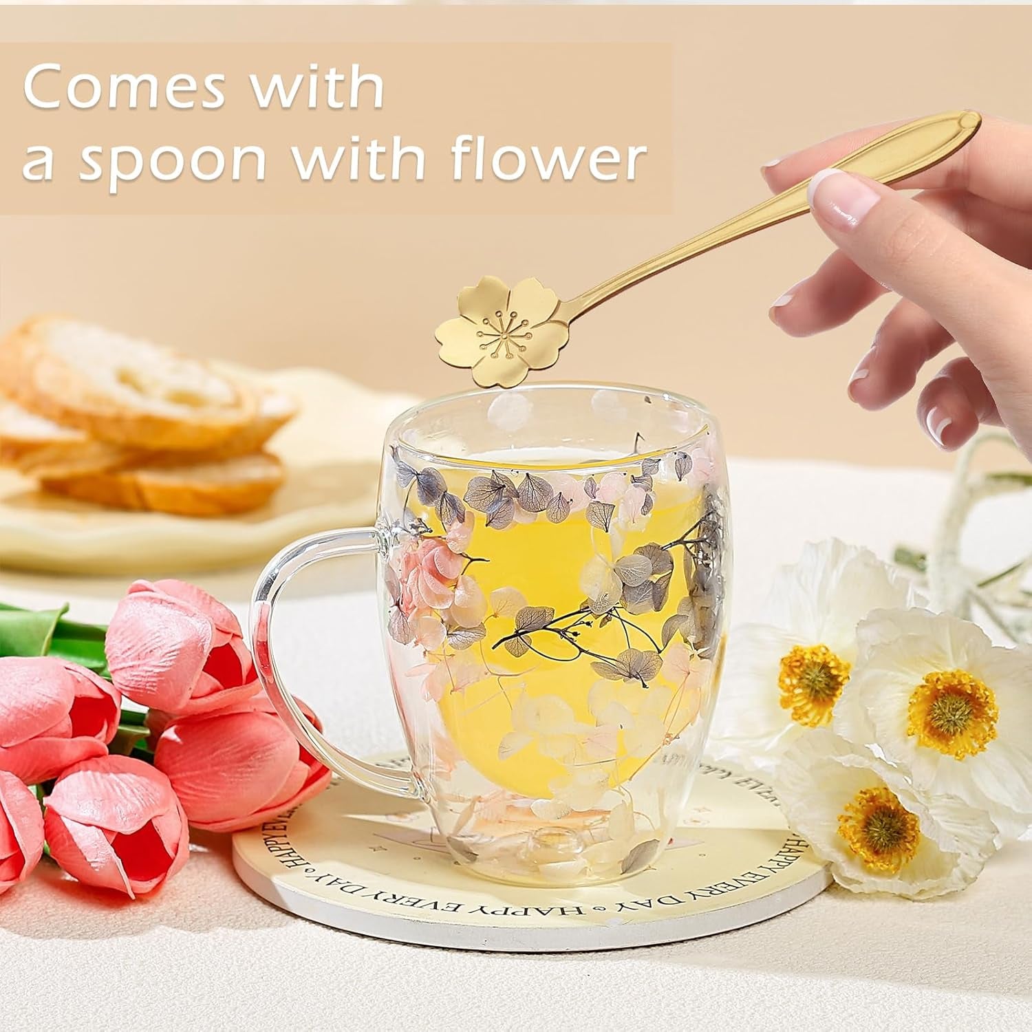 Gifts for Women Dried Flowers Double Wall Glass Coffee Mugs Cute Glass Tea Cups with Handles Christmas Birthday Gifts for Best Friend Teacher Mum Gifts Ideas Autumn Mug Home Decor(Grey+Pink)