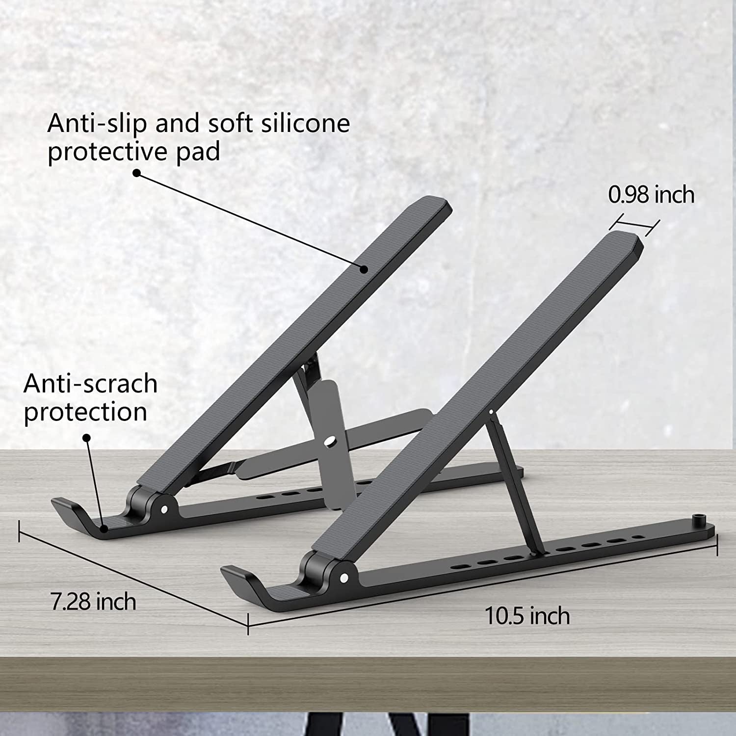 Laptop Stand for Desk, Adjustable Laptop Riser Abs+Silicone Foldable Portable Laptop Holder, Ventilated Cooling Notebook Stand for 10-15.6” Laptops,Tablet-Black