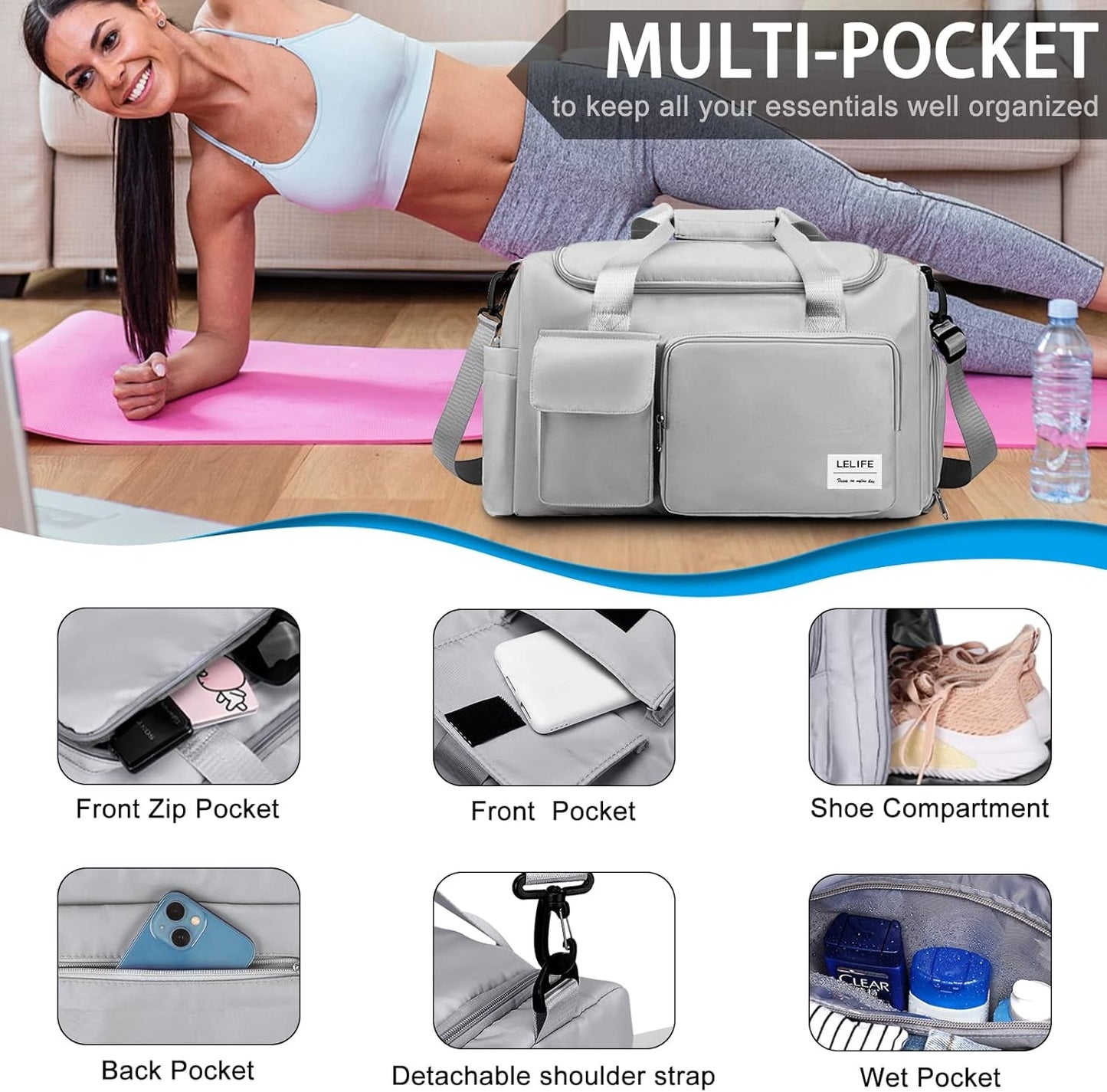 Gym Bag, Travel Bag with Wet Pocket, Portable Overnight Bags for Women, Waterproof Lightweight Gym Bag Mens for Weekender, Vacation(Grey)