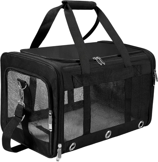 Soft Sided Foldable Cat/Dog/Pet Carrier Bag, Portable Puppy/Pets Travel Carriers for Cats/Dogs with Shoulder Strap & Removable Mat, Durable Cat Basket of 17 Lbs Airline Approved - Black, M