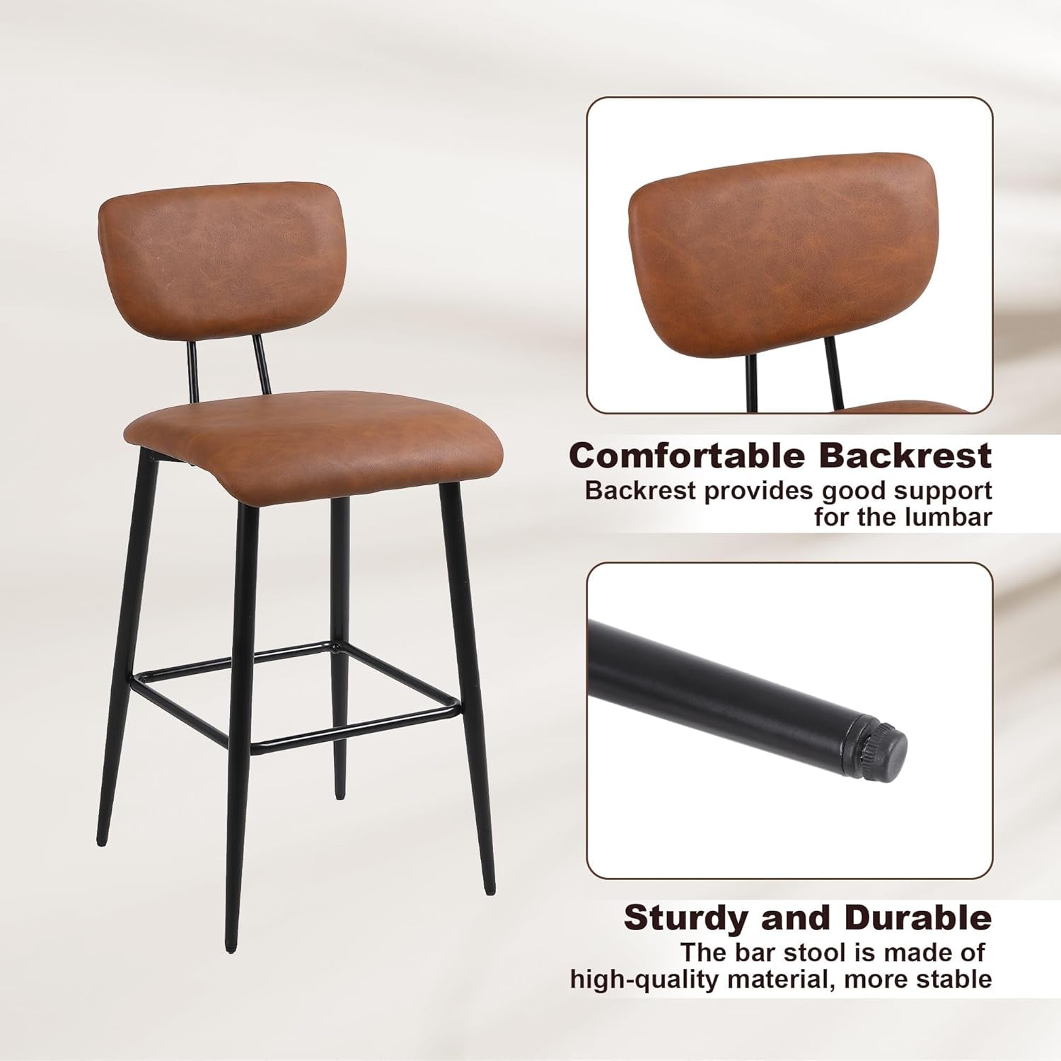 Bar Stools Set of 2, Tall Kitchen Stools with Backrest, Modern Faux Leather Barstools for Breakfast Bars, Counters, Restaurant and Home, Brown