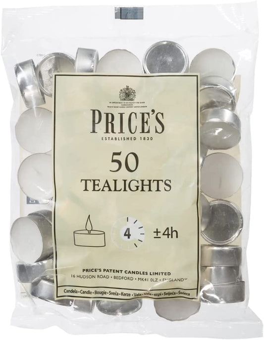 Prices Patent Candles White Tealights Bag, Pack of 50, Wax, L X 3.8Cm W X 1.8Cm H, Unscented