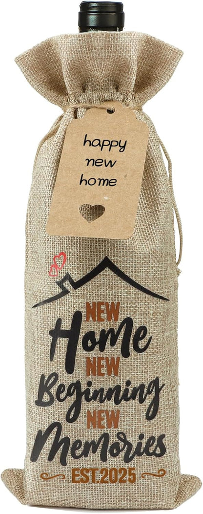New Home Wine Gift Bag Cotton Linen Drawstring Bottle Bag for Wine with Tag and Rope New Home Gift Bags Wine Bottle Cover Bags New Home Gifts for Men Women