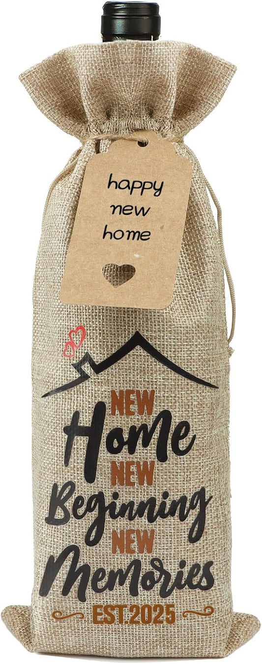 New Home Wine Gift Bag Cotton Linen Drawstring Bottle Bag for Wine with Tag and Rope New Home Gift Bags Wine Bottle Cover Bags New Home Gifts for Men Women